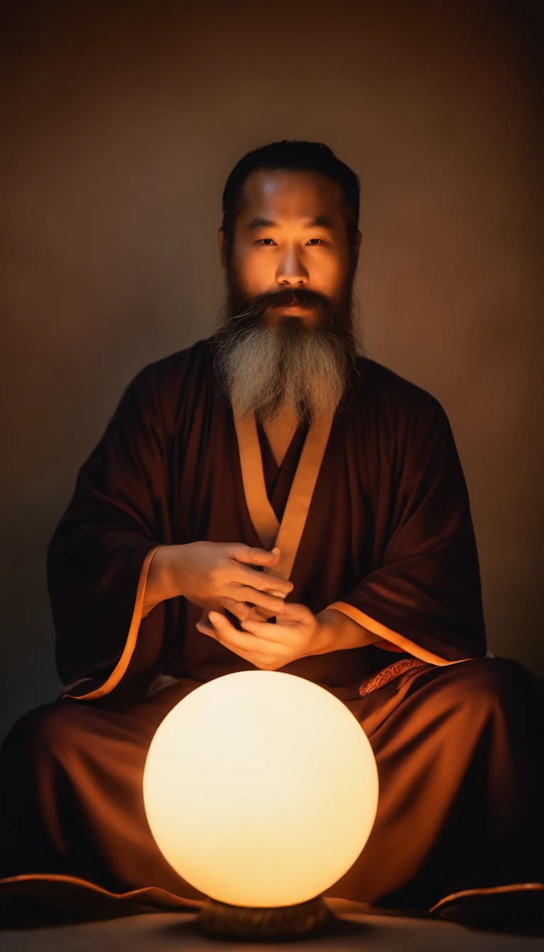 Close up portrait of 30 year old middle aged asian man,Holding a glowing ball in your hand,long to, whitish hair,Longasa Beard,Cross-legged sitting meditation、Ignite the magical aura around you,Master of Taoism,Taoist