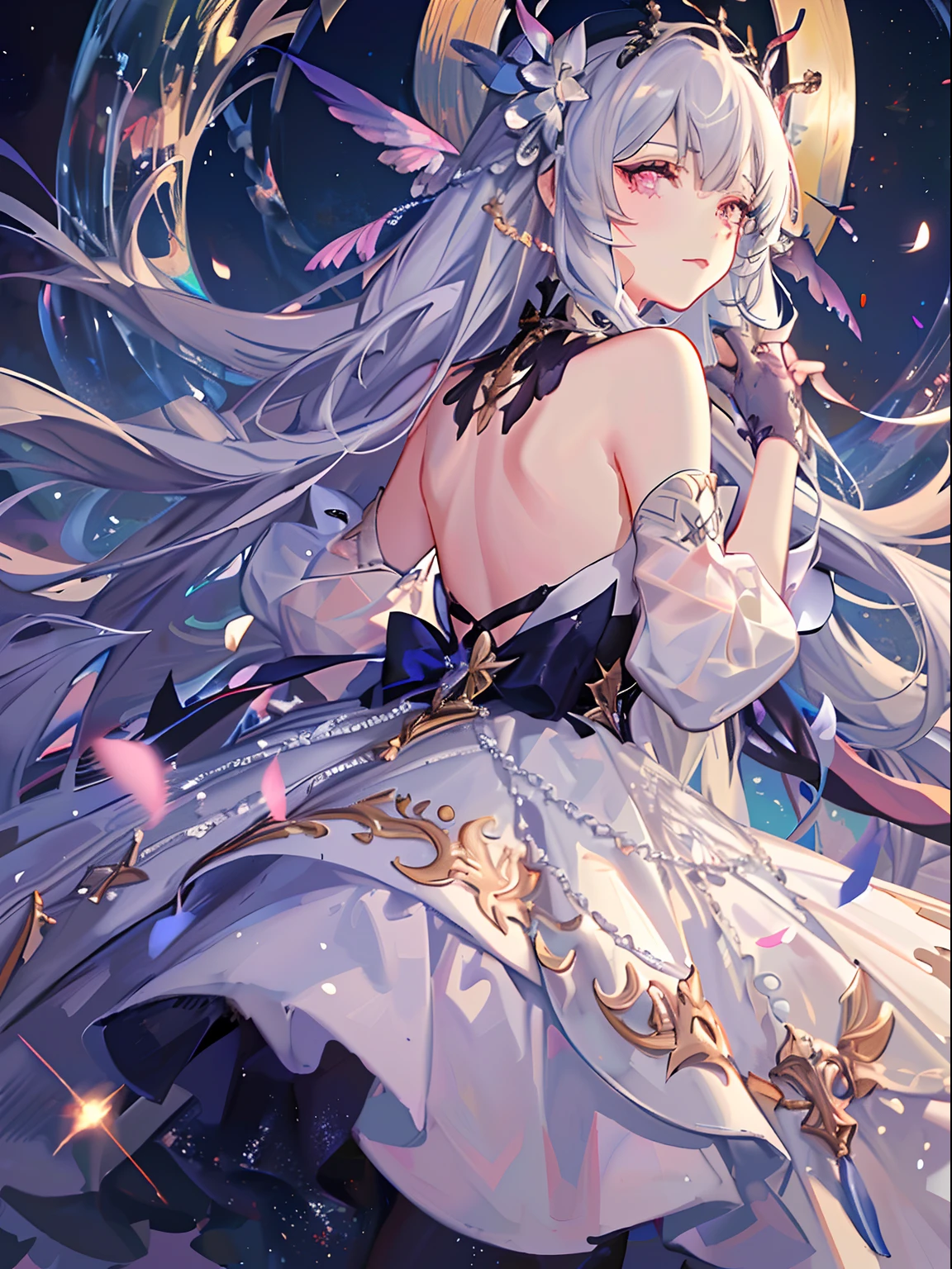 Brown long-haired girl in a pearl dress, her hair cascading down her back, And a dress in transparent pink fabric that shimmers in the light.