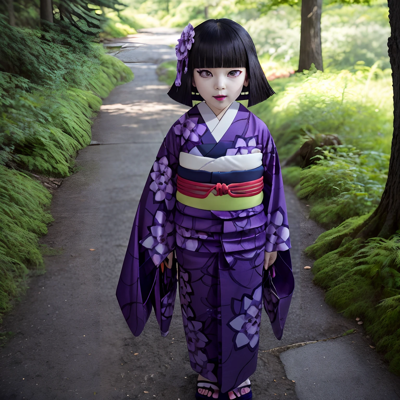 outdoor,forest,high quality,Masterpeace,Ubuyashiki_Family, 1girl, solo, short hair, hair ornament, flower, white hair, japanese clothes, blunt bangs, kimono, sash, makeup, obi, floral print, bob cut, lipstick, red lips, print kimono, ringed eyes, purple kimono, purple eyes, sandals