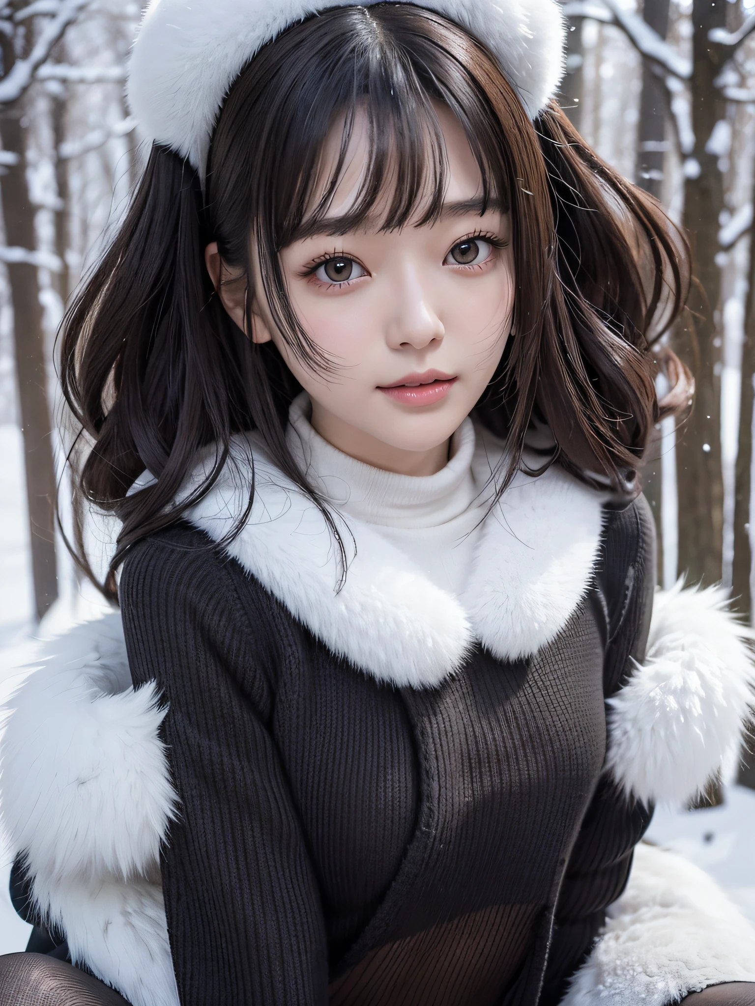 masutepiece、top-quality、20 years girl、独奏、Beautiful detailed girl、Smile、Black Shorthair、Highly detailed eyes and face、Beautiful detailed eyes、radiant eyes、with round face、Well-formed and cute face:1.1、small head、hight resolution、A highly detailed、sexy pose、Illustration、super detailing、masutepiece、fur-coat、Wearing a sweater、Black miniskirt、Light Black Tights、large full breasts:1.2、Clothes that show the chest、A slender、Photograph the whole body、snowscape、in woods、Blur the background、tre anatomically correct