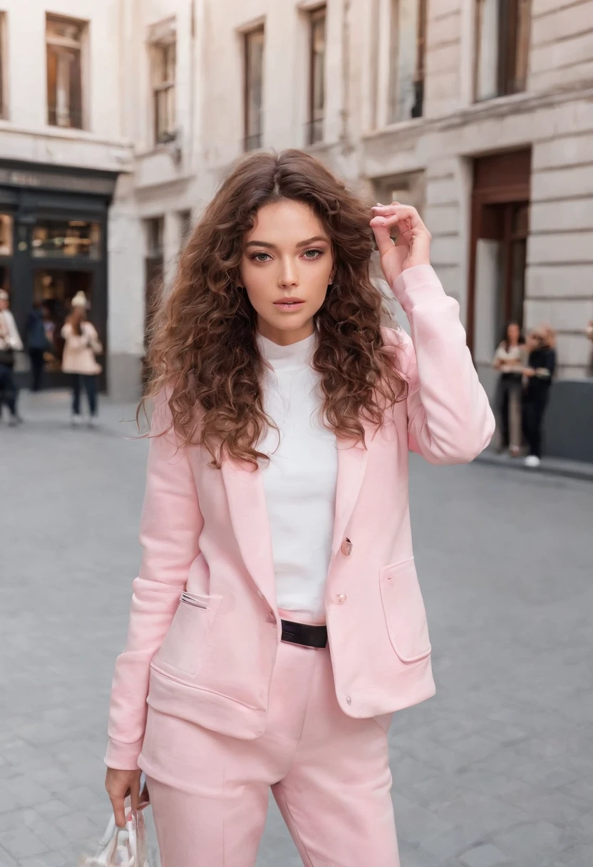 Woman in pedestrian zone, pink hoodie, Blazer blanc, pantalon blanc, Baskets roses, Shopping in a pedestrian zone, Brown Curly Long Hair Background Spotify Apple Amazon Podcast
