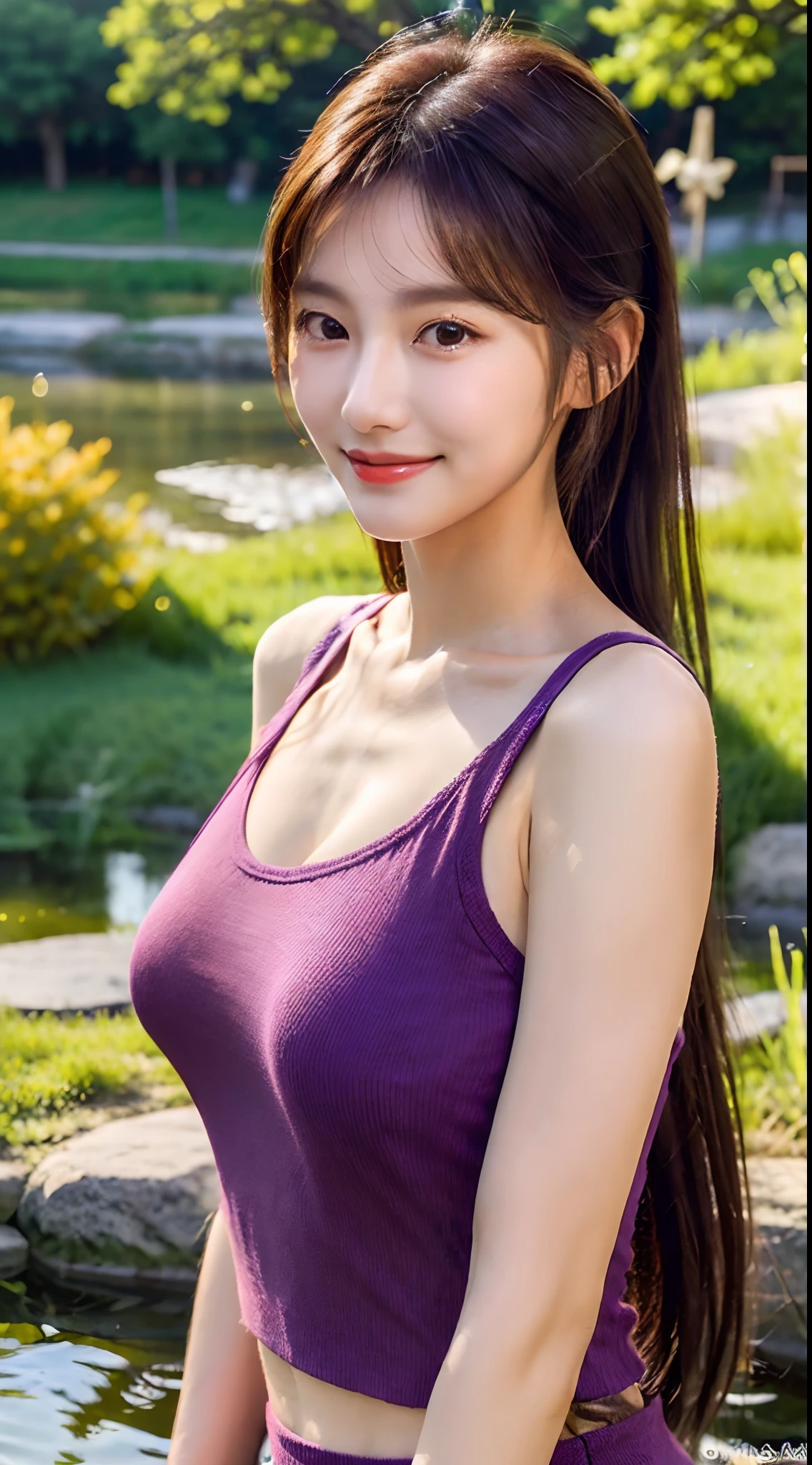 Realistic photos of (1 cute Korean star) ponytail hair, slightly smile, 32 inch breasts size,wearing purple tank top, taking selfie, at the pond side, sunset light, close-up, UHD