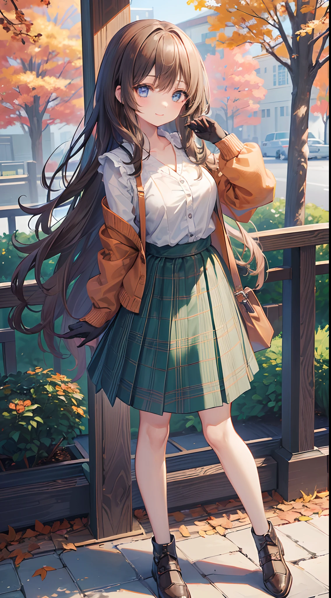 (top-quality), (masterpiece)、(ultla detailed)、(Beautiful girl alone)、(cute little)、20yr old、(Orange theme)、Brown cardigan、Open your clothes、(Navy blue V-neck shirt)、long-sleeve、(Green Plaid Prairie Skirt:1.2)、long skirt、gloves with fur trim、(Park background)、(autumnal:1.3)、Standing、lightbrown hair、(Half Up Hair:1.3)、(blue eyess)、A detailed eye、A detailed face、A smile、Colossal tits、Long wavy hair、(FULL BODYSHOT)、(Hair curtains)、Looking Up、Fashionable shoes、Have a bag、Daytime、