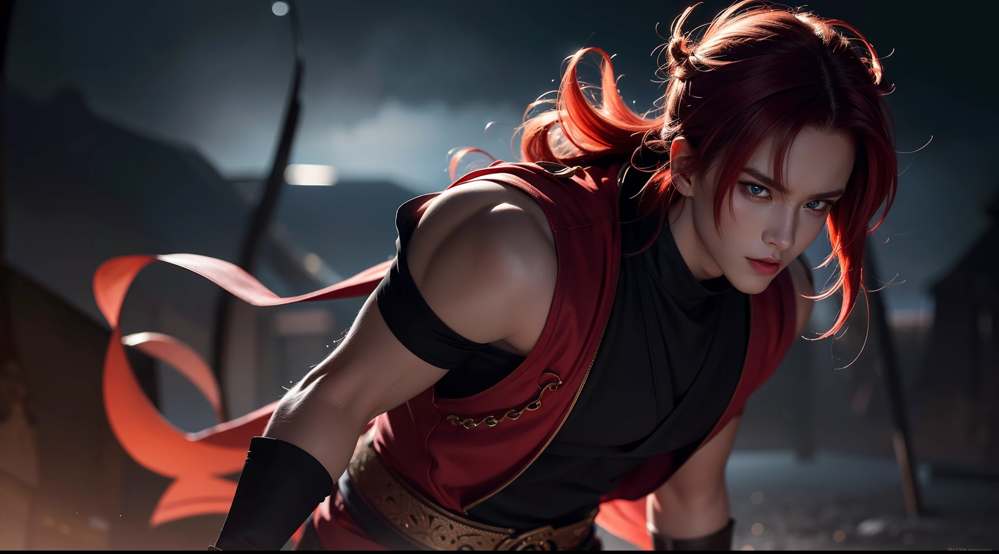 An 8k masterpiece, Highest resolution, Every detail, Meticulous details, Depth of field, bright colors, Nice layout: takes on a gorgeous Gohan anime character with brilliant red hair and beautifully detailed glowing eyes, standing on a dark and ominous background. This handsome demon slayer is the epitome of the bad guys in the fantasy art world.