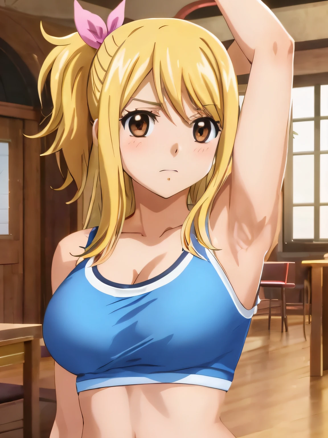 1girl, lucy heartfilia, solo, blonde hair, brown eyes, long hair, indoors, looking at viewer, anime coloring, parody, side ponytail, upper body, hair ribbon, barriga, belly, breasts, armpits