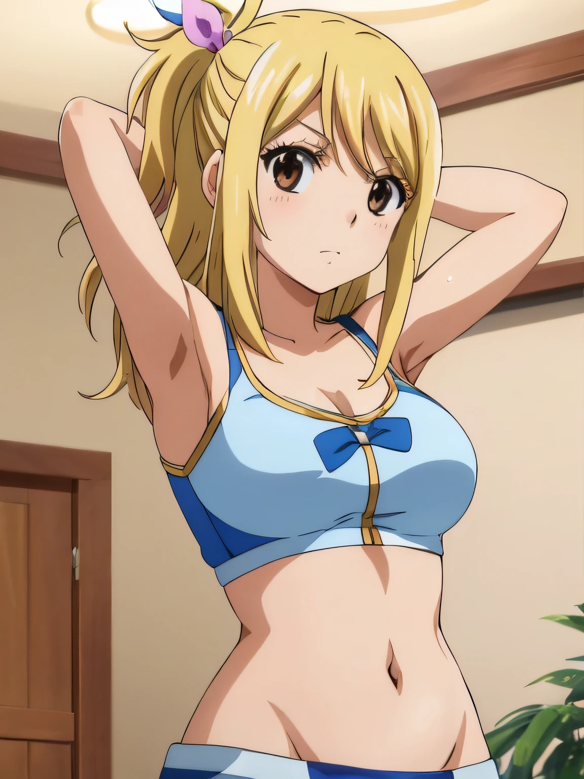 1girl, lucy heartfilia, solo, blonde hair, brown eyes, long hair, indoors, looking at viewer, anime coloring, parody, side ponytail, upper body, hair ribbon, barriga, belly, breasts, armpits