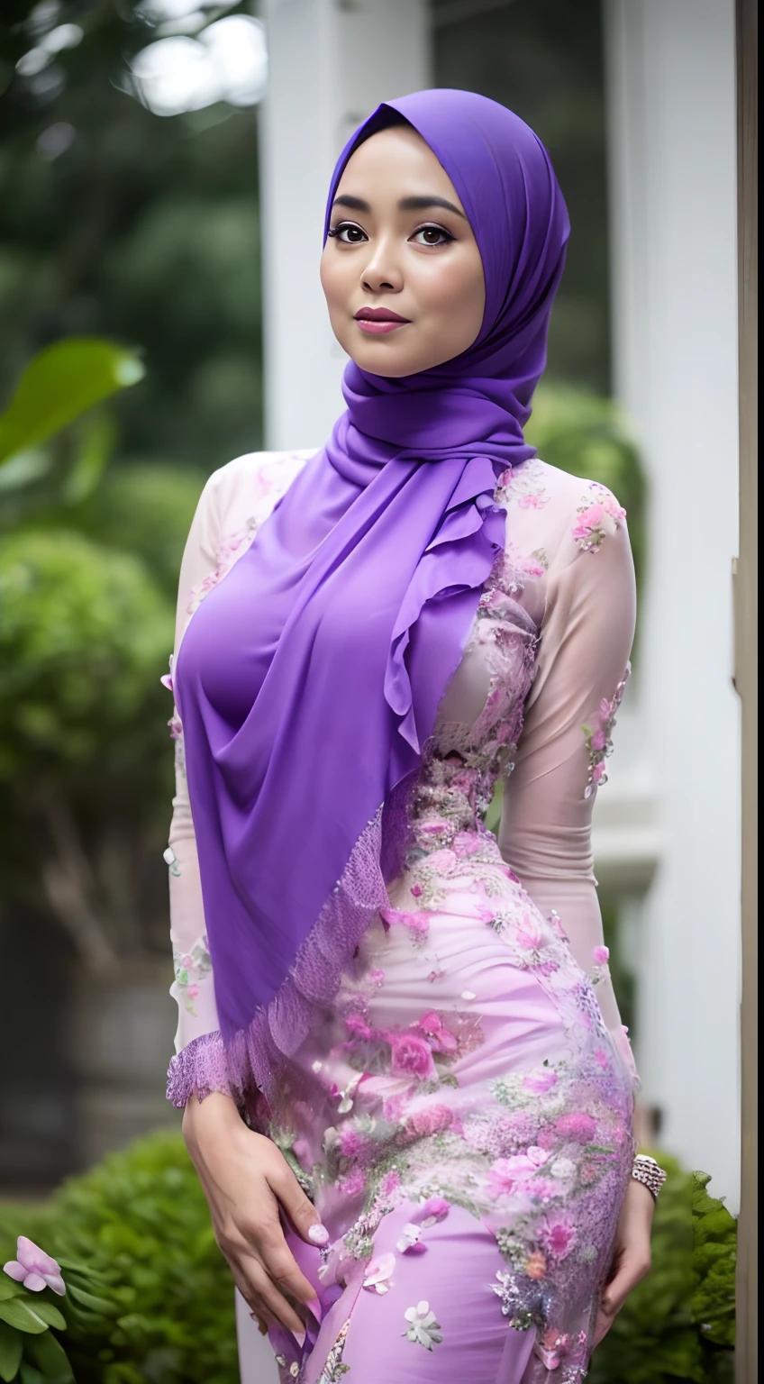 RAW, Best quality, high resolution, Masterpiece: 1.3), Beautiful Malay woman in hijab, Masterpiece, Perfect slim body, (Big breasts), Beautiful big eyes, Soft smile, Masterpiece:1.2, Best quality), Realistic, (Real picture, Intricate details, Depth of field，1 malay girl , modern plain hijab,  shy, medium portrait shot , watery  eyes ,droopy eyes, watery, lip glossy, sad face, ((big breast)), wear java wedding woman in kebaya purple dress berendra, kebaya batik, (big breast) , flower garden background, bokeh background, proportional body,