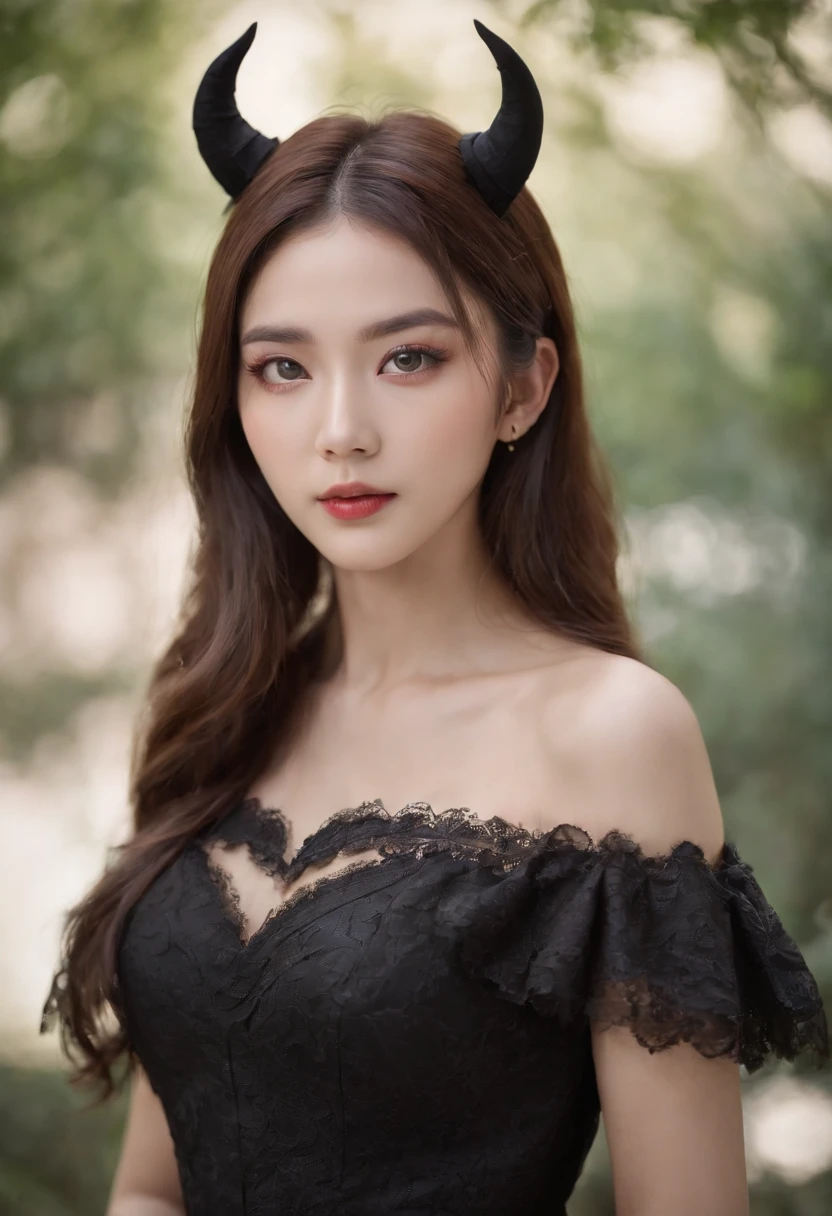 RAW photo, portrait of a beautiful korean girl wearing haloween devil costume, luminous eyes, grey eyes, bright skin, realistic skin textured, photo shoot, potrait model, model, ulzzang, beauty photoshoot, (high detailed skin:1.2), 8k uhd, dslr, soft lighting, high quality, film grain, Fujifilm XT3, haloween themes, photorealistic, green eyes, close up, perfecteyes, haloweeen devil costume, detailed eyes, hyper realistic eyes, perfect detailed eyes, korean face, black dress haloween