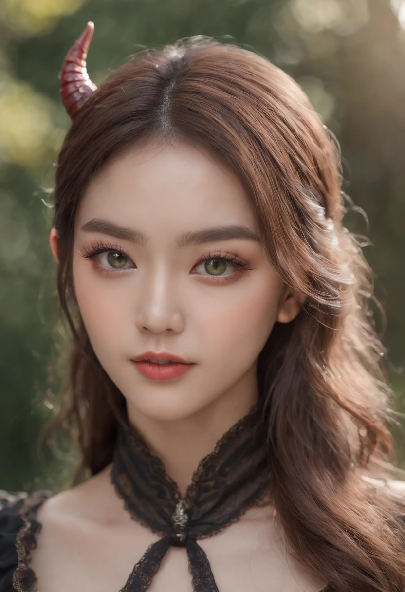 RAW photo, portrait of a beautiful korean girl wearing haloween devil costume, luminous eyes, grey eyes, bright skin, realistic skin textured, photo shoot, potrait model, model, ulzzang, beauty photoshoot, (high detailed skin:1.2), 8k uhd, dslr, soft lighting, high quality, film grain, Fujifilm XT3, haloween themes, photorealistic, green eyes, close up, perfecteyes, haloweeen devil costume, detailed eyes, hyper realistic eyes, perfect detailed eyes, korean face, black dress haloween