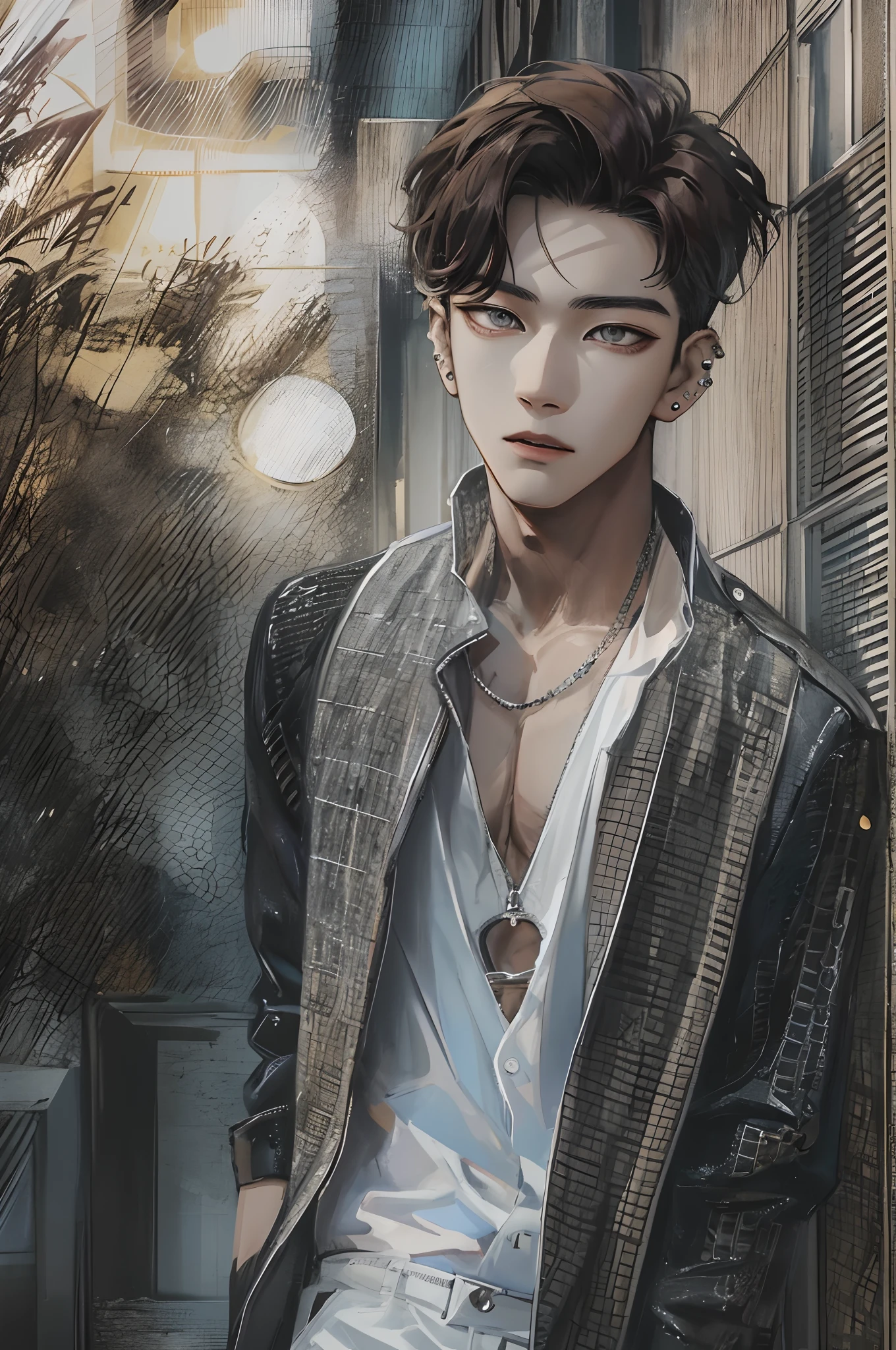 Absurdres masterpiece HDR high quality picture of a Korean boy in sharp HD graphics, with his piercing amber eyes and chiseled jawline, wearing a stylish, modern outfit that accentuates his lean physique. His short K-pop hair is styled in a contemporary way, giving him an air of confidence and charm as he stands against a beautiful backdrop