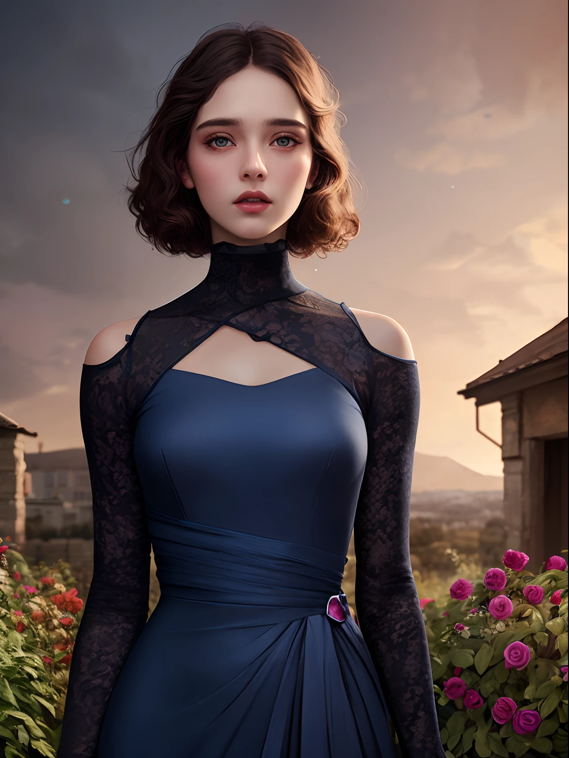 Shy, Realism, realistic, professional quality, high quality, shoulders, deep blue dress with long sleeves and magenta highlights, gem on center of larger than average chest, short hair, Looking at viewer, wispy clothes, garden, Hazel eyes, rosey cheeks, Soft features, half-body view, detailed, brunette hair, pretty woman, cinematic lighting, celestial design, highly detailed, digital painting, smooth, sharp focus, nebula in sky behind, by Tom Bagshaw