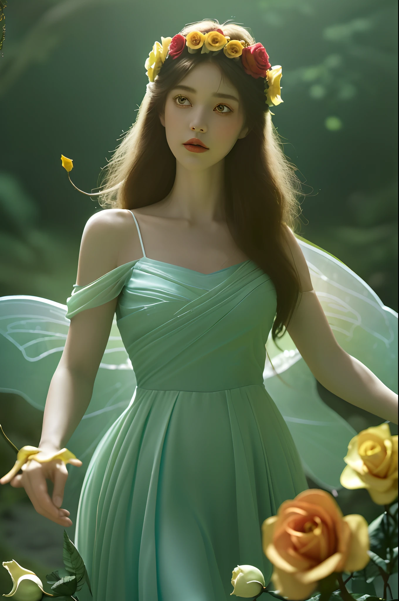 1girll,(full bodyesbian:1.4),Polycystic ovaries,The barefoot,独奏,hatflower,
Cinematic lighting,Strong contrast,romantic realist style,High level of detail,(Fairy tale scenes),Rose,yellowflower,Red flower,Bird,unit,make up,Gemstone,headdress,dress,Bare shoulders, style-swirlmagic