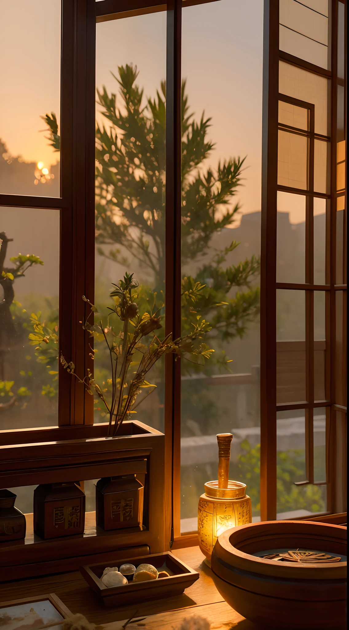 Ancient Chinese Office,Close-up Shot Shot,Arrange medical tools and utensils,Carved beams and paintings,Layered, Sunset lighting,A medicine jar containing medicinal herbs,impressionistic,tmasterpiece,ultra - detailed,Epic composition, HighestQuali,hyper realisitc,Art germ
