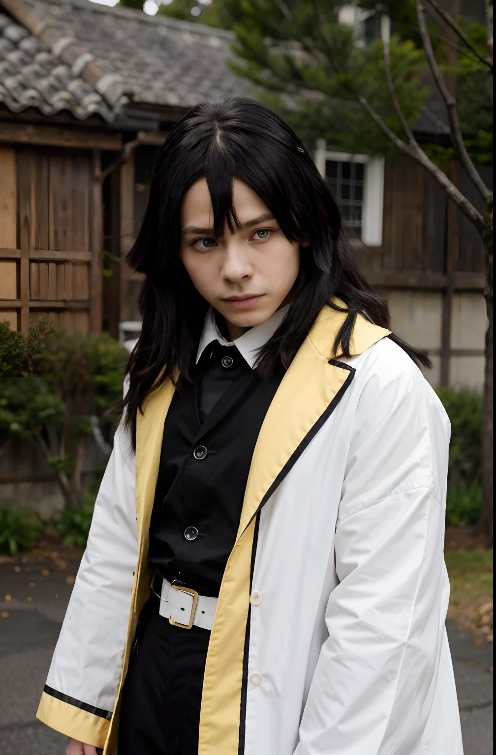 1boy, snake, heterochromia, black hair, male focus, snake, tree, yellow eyes, outdoors, blue eyes, japanese clothes, black pants, hair between eyes, wide sleeves, long sleeves, sky,  demon slayer uniform, striped jacket,  bangs, iguro obanai,  upper body, red eyes, cloudy sky,  long hair, anime screencap, anime coloring, looking away