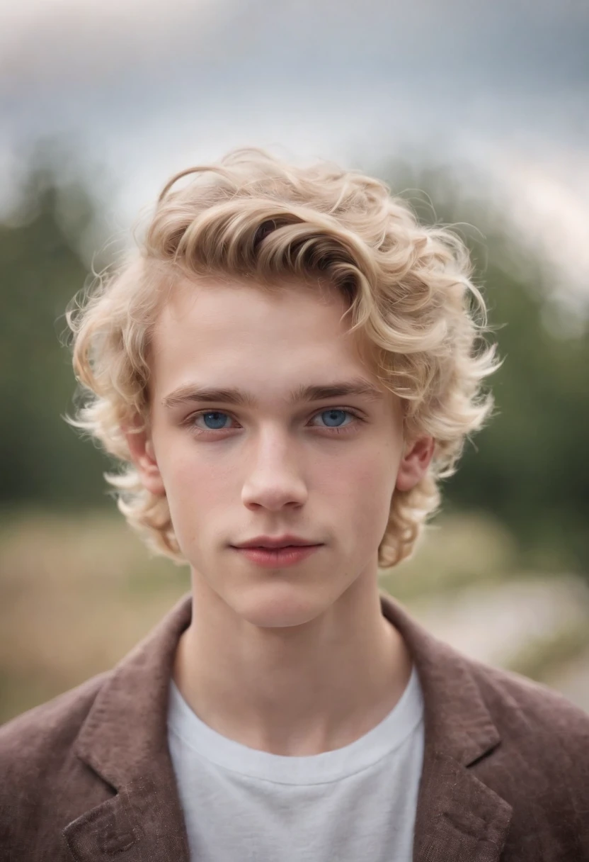 A man, with short blonde curly hair, white skin, blue eyes, little bit of a mustache, straight face, abs