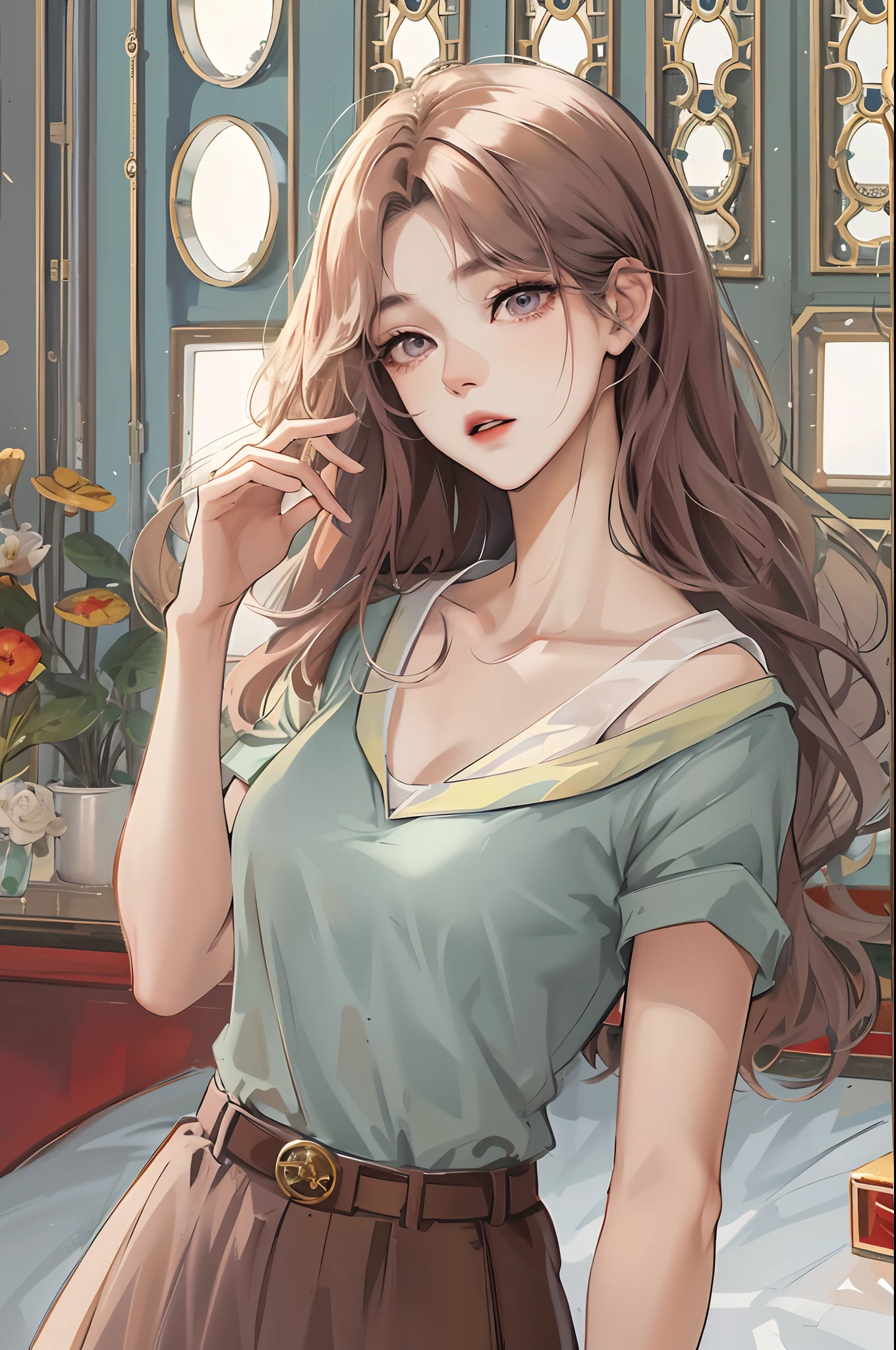 Absurdres, Masterpiece, Best quality, light colors, korean girl from webtoon with Beautiful face , beautiful hair , a character from kdrama, anime eyes, semi casual clothes, masterpiece background, detailed background