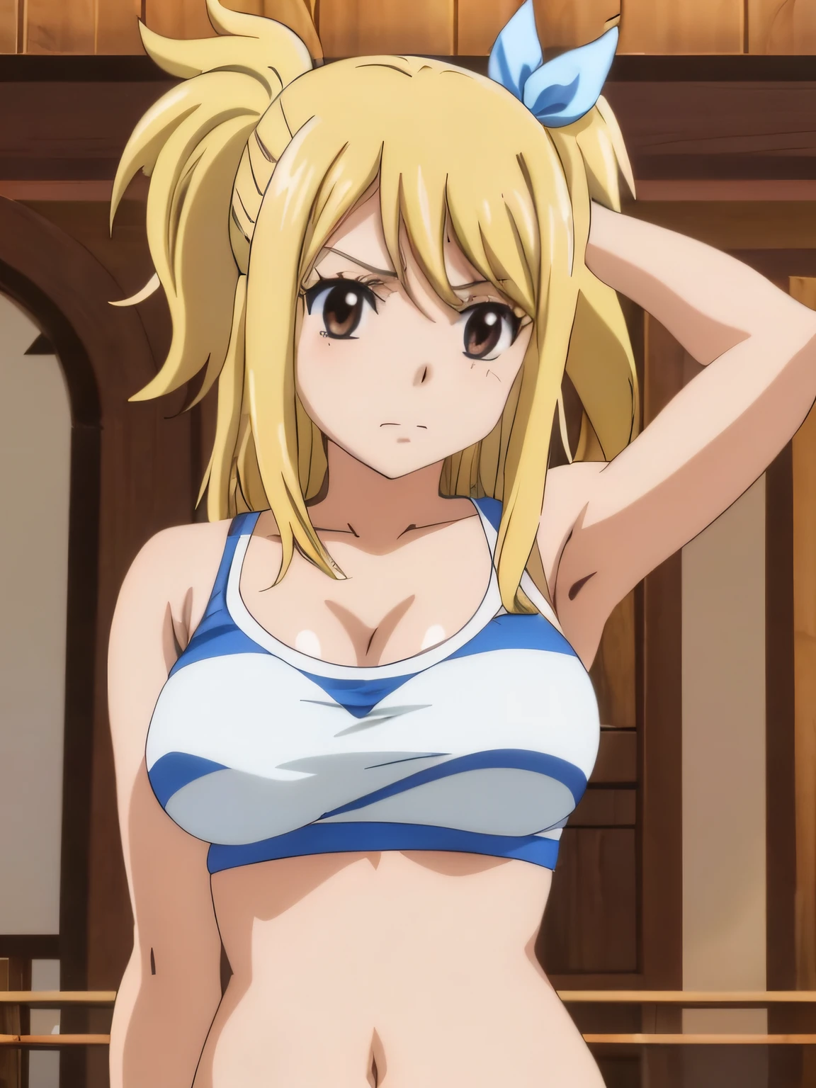 1girl, lucy heartfilia, solo, blonde hair, brown eyes, long hair, indoors, looking at viewer, anime coloring, parody, side ponytail, upper body, hair ribbon, barriga, belly, breasts, armpits