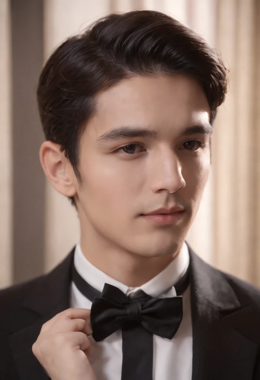 A 30 year old boy, VICTORIAN PERIOD, slim, short stature, small body, medium athletic body, short black hair, black eyes, double eyelids, oval face, narrow chin, short neck, Arab boy, Latin boy, dark skin, heavy lower lips, eyes almond-shaped, average eye angle, wide and short nose, slightly turned-up nose, little volume cheeks, perfect straight eyebrows, small eyebrows, enigmatic look, small beard, smooth dark long-sleeved shirt, black bow tie, long black pants, transparent bottom,