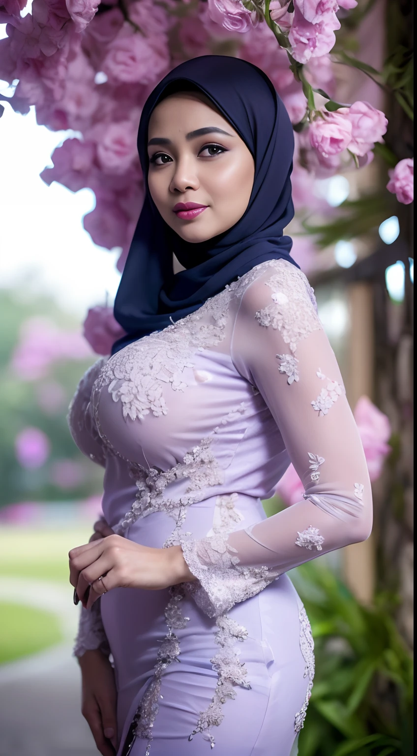 RAW, Best quality, high resolution, Masterpiece: 1.3), Beautiful Malay woman in hijab, Masterpiece, Perfect slim body, (Big breasts), Beautiful big eyes, Soft smile, Masterpiece:1.2, Best quality), Realistic, (Real picture, Intricate details, Depth of field，1 malay girl , modern plain hijab,  shy, medium portrait shot , watery  eyes ,droopy eyes, watery, lip glossy, sad face, ((big breast)), wear java wedding woman in kebaya purple dress berendra, kebaya batik, (big breast) , flower garden background, bokeh background, proportional body,