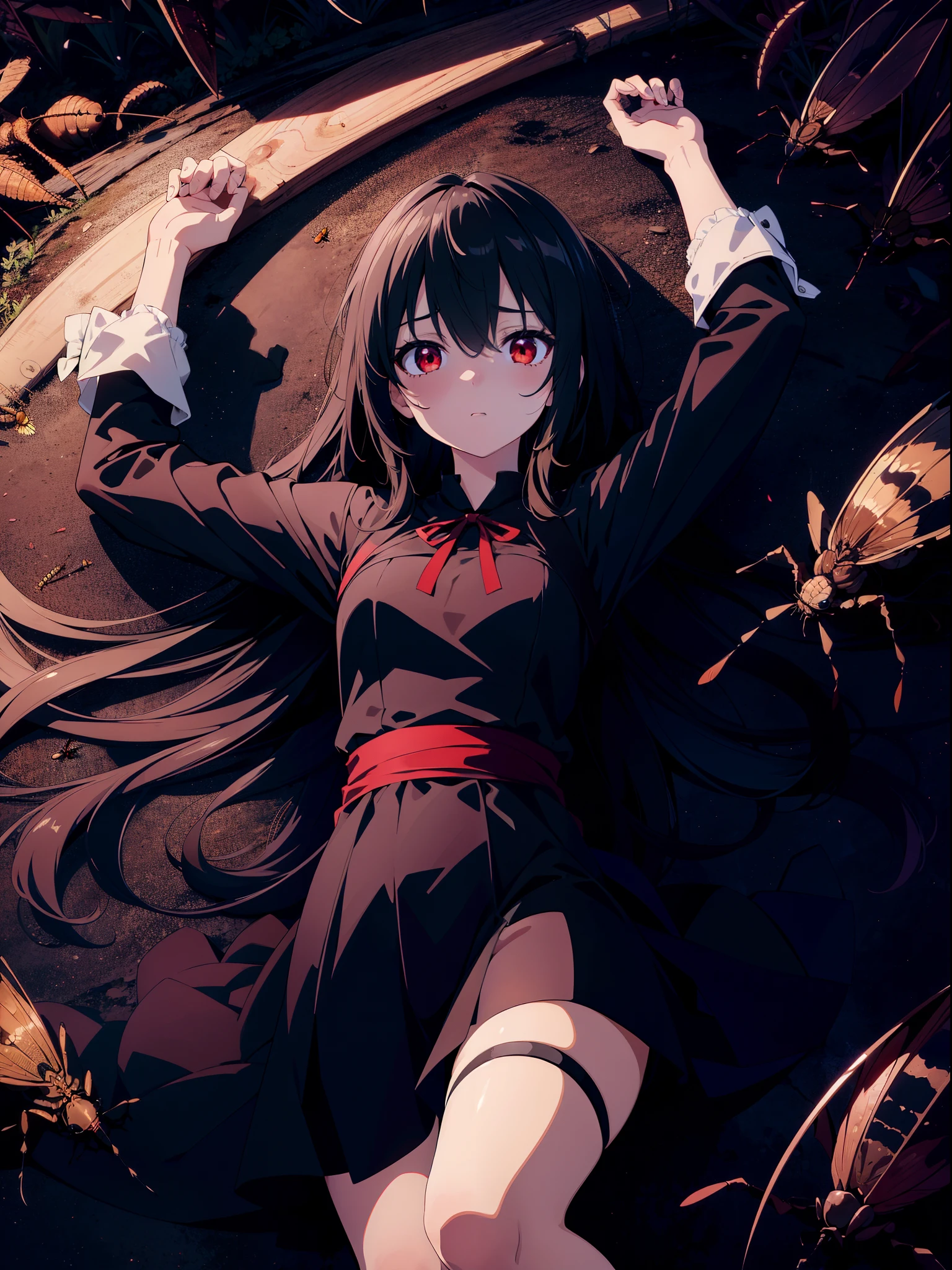 1 loli girl ,lying, (((many cockroaches))) ,arms up ,(Faintly emerge from the darkness), bloody body , character focus,cinematic angle,((Expressionless)) , ((rape eyes)) ,black hair, long hair, ribbon , black dress, red eyes , Lens Flare ,((background red cloud)), high resolution,(incredibly absurdres), (hires.fix:1.3),anime visual,ultra detailed CG unity 8k wallpaper, ((masterpiece)), ((top-quality)), (beautiful illustration), ((an extremely delicate and beautiful))
