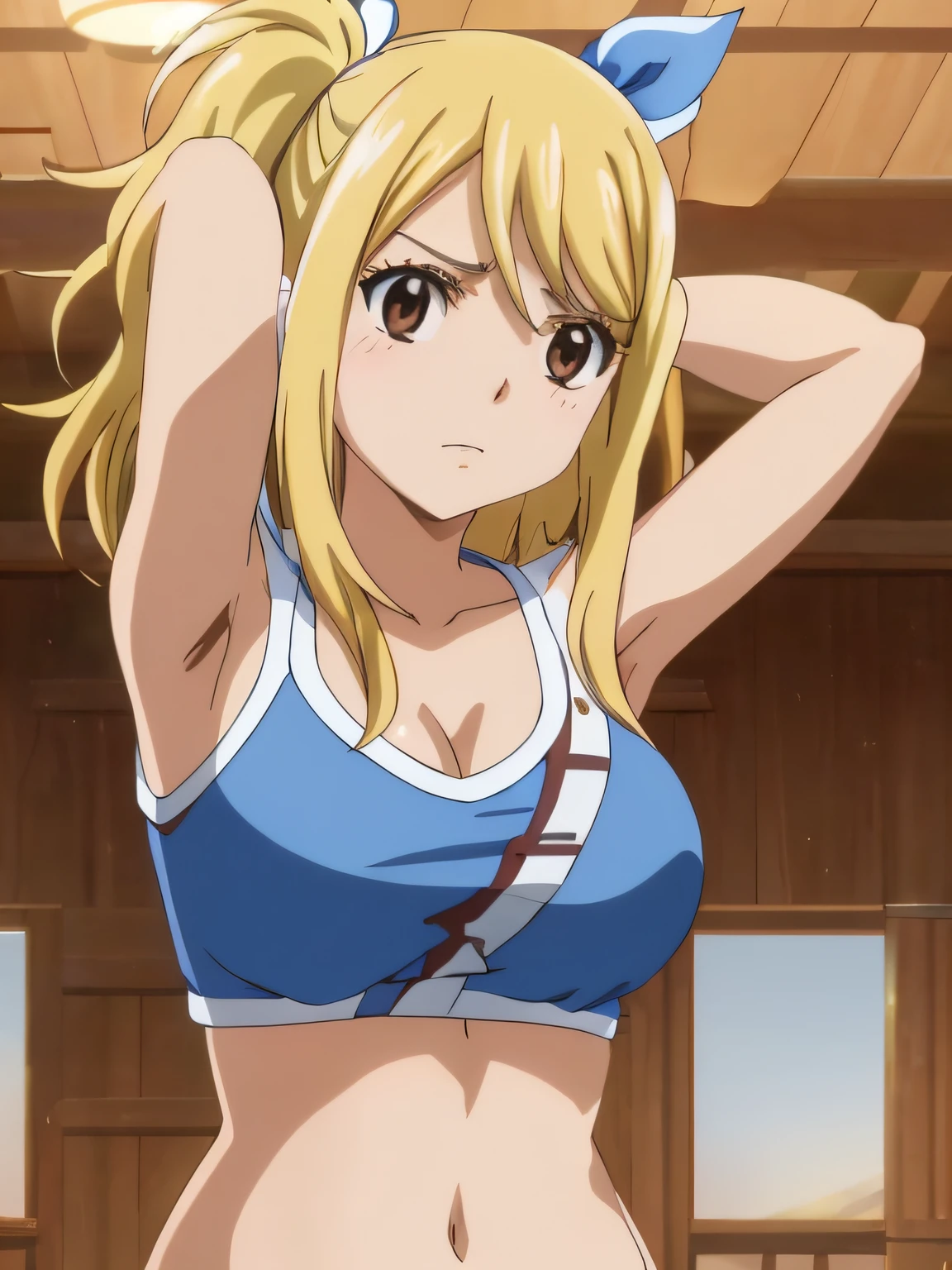 1girl, lucy heartfilia, solo, blonde hair, brown eyes, long hair, indoors, looking at viewer, anime coloring, parody, side ponytail, upper body, hair ribbon, barriga, belly, breasts, armpits