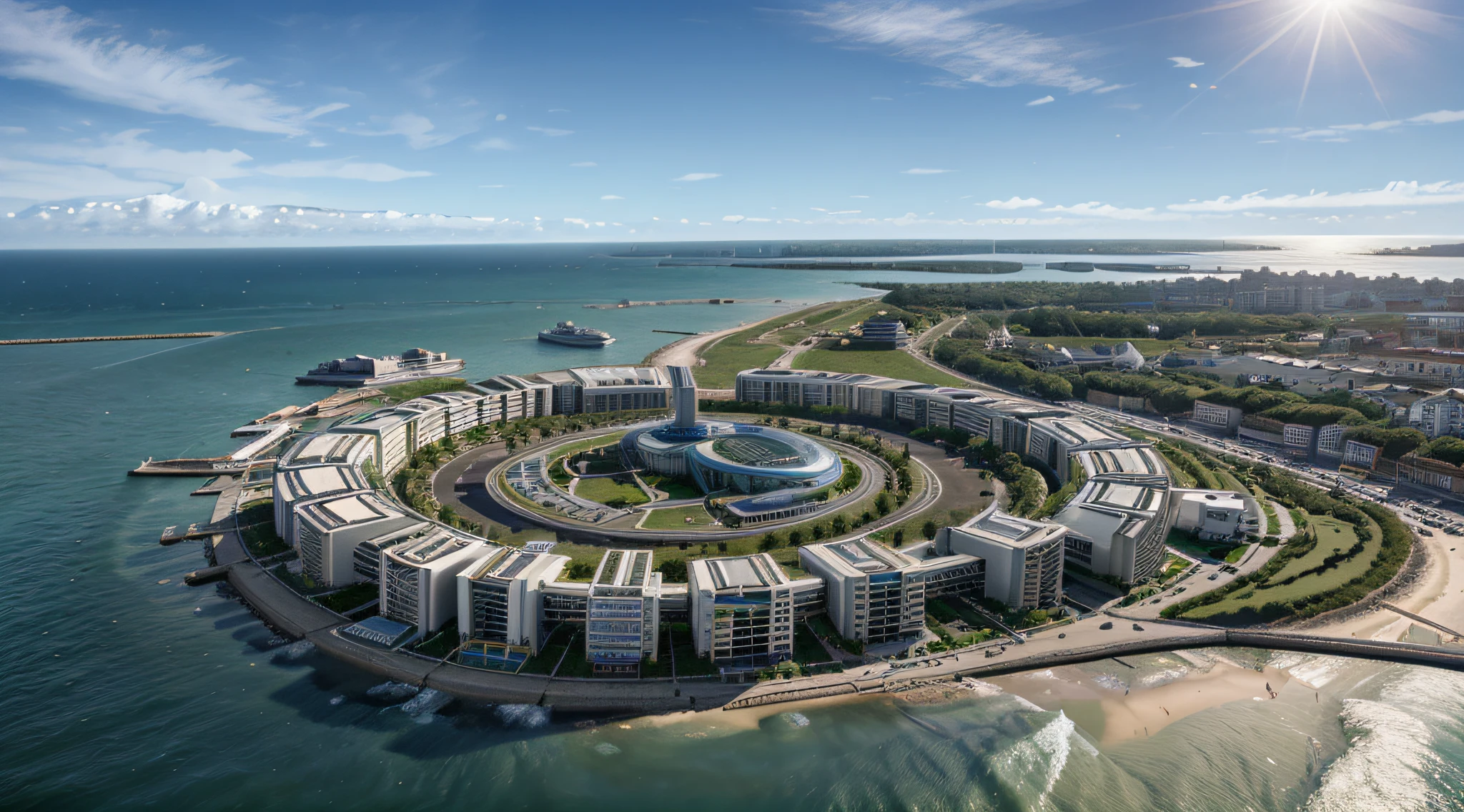 A futuristic biocity that is located on the former site of Portsmouth, Nova Hampshire. It has a mix of old and new buildings, green spaces, and water resources. It also has six large man-made floating islands off its coast,(zenith angle), ((na empresa Ivan Baan)), seaside town,Blue sky and white clouds,The sun is shining brightly, Ultra-Grande Angular, detalhado, realista, 8k, uhd, foto realista, kinematics.