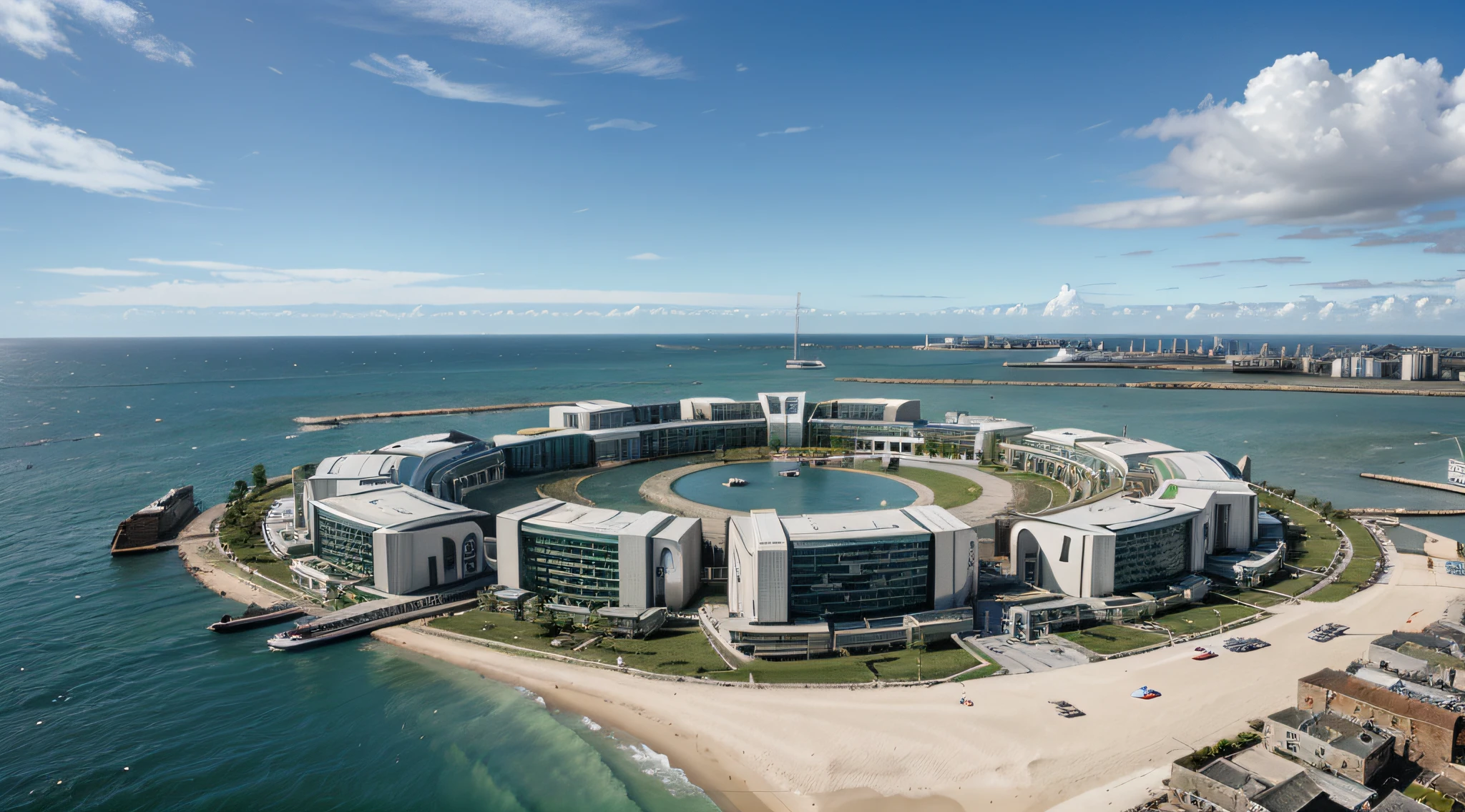 A futuristic biocity that is located on the former site of Portsmouth, Nova Hampshire. It has a mix of old and new buildings, green spaces, and water resources. It also has six large man-made floating islands off its coast,(zenith angle), ((na empresa Ivan Baan)), seaside town,Blue sky and white clouds,The sun is shining brightly, Ultra-Grande Angular, detalhado, realista, 8k, uhd, foto realista, kinematics.