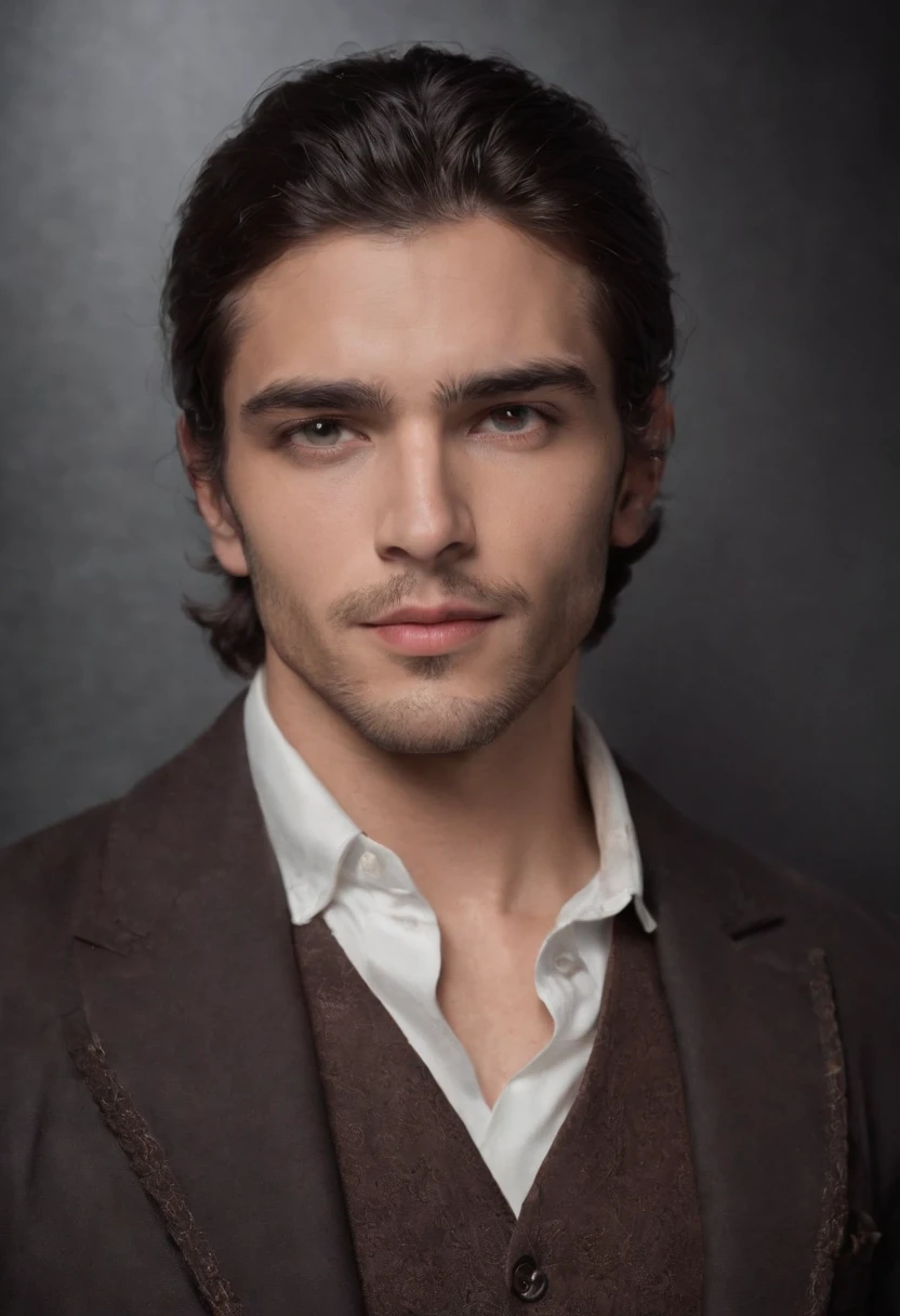 A 30-year-old boy, victorian era, delgado, baja estatura, Small body, Medium Athletic Body, Pelo negro corto, ojos negros, cara ovalada, barbilla estrecha, cuello corto, Arab boy, Chico latino, dark skin, labios inferiores pesados, ojos almendrados, Mid-Eye Angle, nariz ancha y corta, nariz ligeramente respingada hacia arriba, mejillas poco voluminosas, Cejas rectas perfectas, small eyebrows, Enigmatic look, small beard, Camisa lisa oscura de manga larga, Pajarita negra, pantalones largos negros, Fondo transparente,