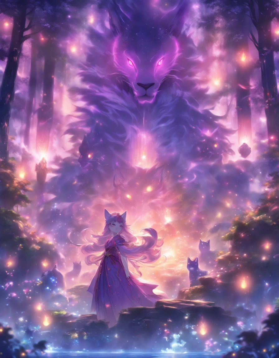 (Best Quality, hight resolution, Ultra-detailed, Realistic:1.37), shining purple eyes, flowing fur, Chisha Cat, Cast glowing spells, Mysterious fantasy forest, nefarious smirk, enchanting atmosphere, Undeservedly beautiful, Ethereal, Dark Magic, charmed, Captivating, Mysterious aura, Little magic, Twinkle in the moonlight, Ancient powers, Bewitching Presence, captivating glow, Complex spell casting, swirling energy, mystic symbols, surreal landscape, Majestic tree々, Bright leaves, Moonlight shining through the branches, Flickering lights, Magical creatures, Captivating melodies, Whisperers of Another World, Etheric haze, Divine Powerful, Aura of Darkness, seductive beauty, a captivating gaze, Magical Essence, intoxicating allure, Femme fatale, Realm of mythology, Unforgettable fascination, Enchanting onlookers