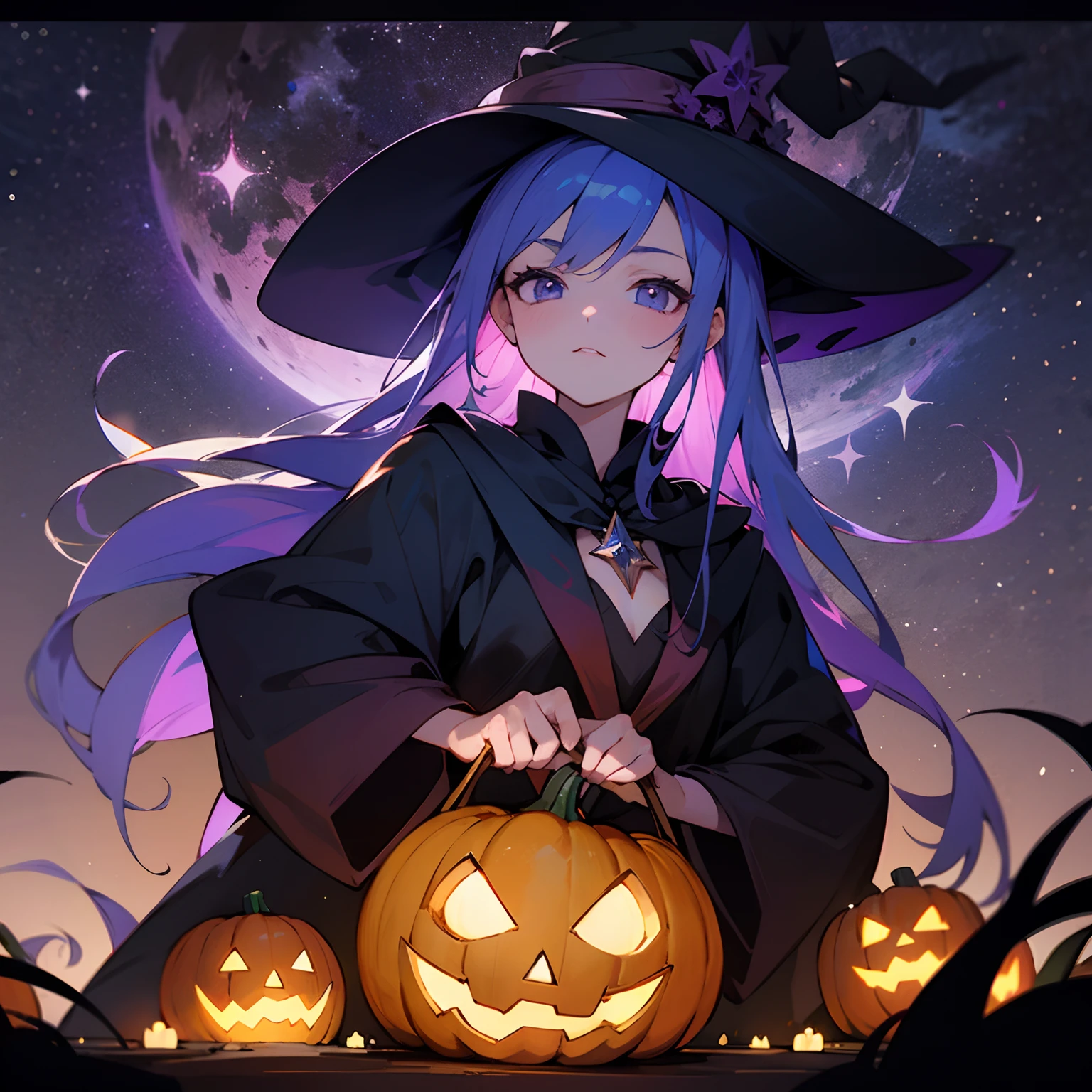 Halloween、Pumpkin Witch、the witch、Naughty look、sky at night、Lots of stars、Purple-blue hair color、Semi-long length、Sidetail hairstyle、Mysterious light effect