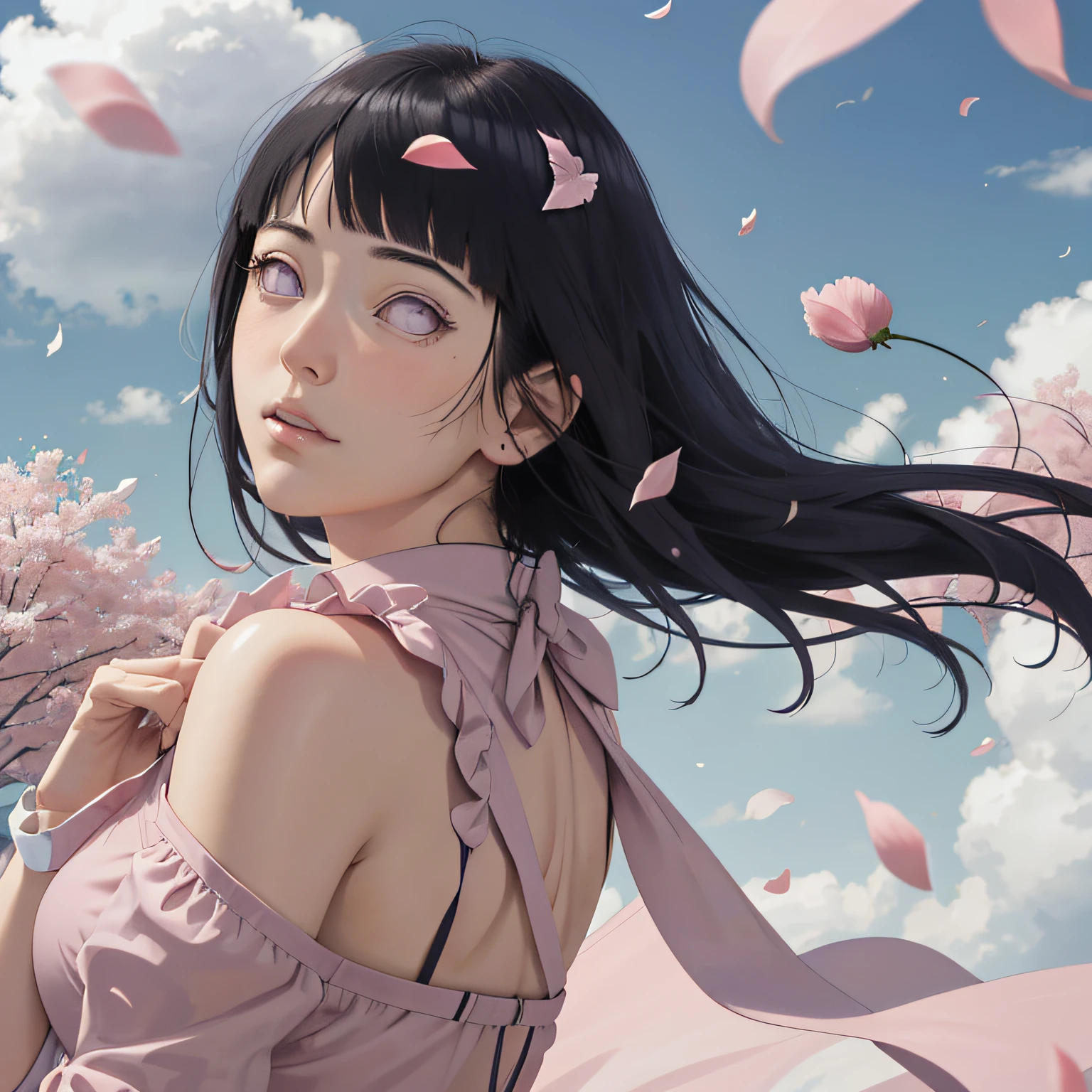 masterpiece, absurdres, hinata\(boruto\), 1girl, solo,mature female, mini dress of shoulder, outdoors, looking at viewer, (falling petals), cloudy sky, perfect composition, detailed lips, big breast, beautiful face, body propotion, blush, (pink lips), long hair, purple eyes, soft gaze, sad smile, super realistic, detailed, photoshoot, realistic face and body