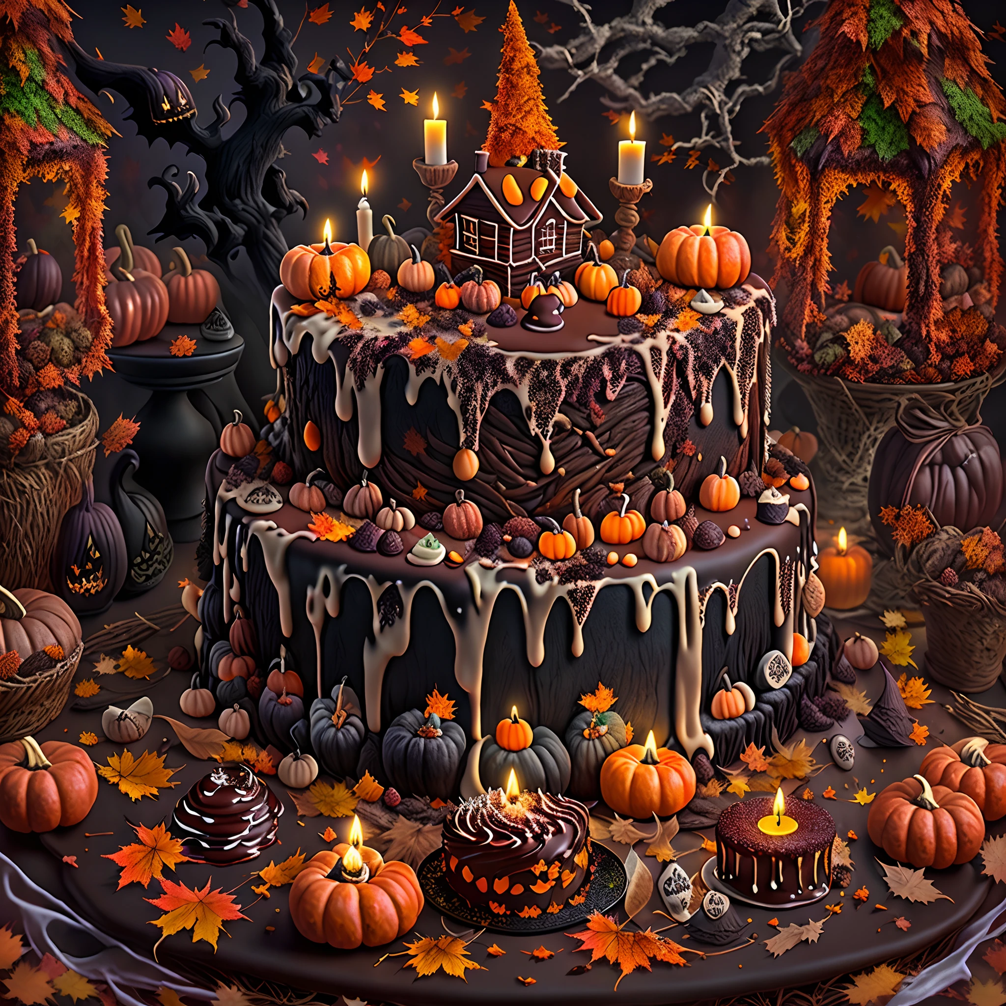 (The best-selling Halloween themed cake), (Beautifully decorated), (Looks delicious),(Detailed icing), (a lit candle), (Spooky and seductive), (Autumn leaves), (Warm and comfortable atmosphere), (Haunted house decoration), (Chocolate ganache), (Spooky gummy accessories), (Creative toppings), (intricatedesign), (Traditional Halloween elements), (Terrible and delicious), (Spooky atmosphere), (Delicious layer), (The atmosphere of celebration), (The subtleties of sin), (Autumn delicacies)。(Best quality,4K,8K,A high resolution,Masterpiece:1.2),Ultra-detailed,(Realistic,Photorealistic,photo-realistic:1.37),