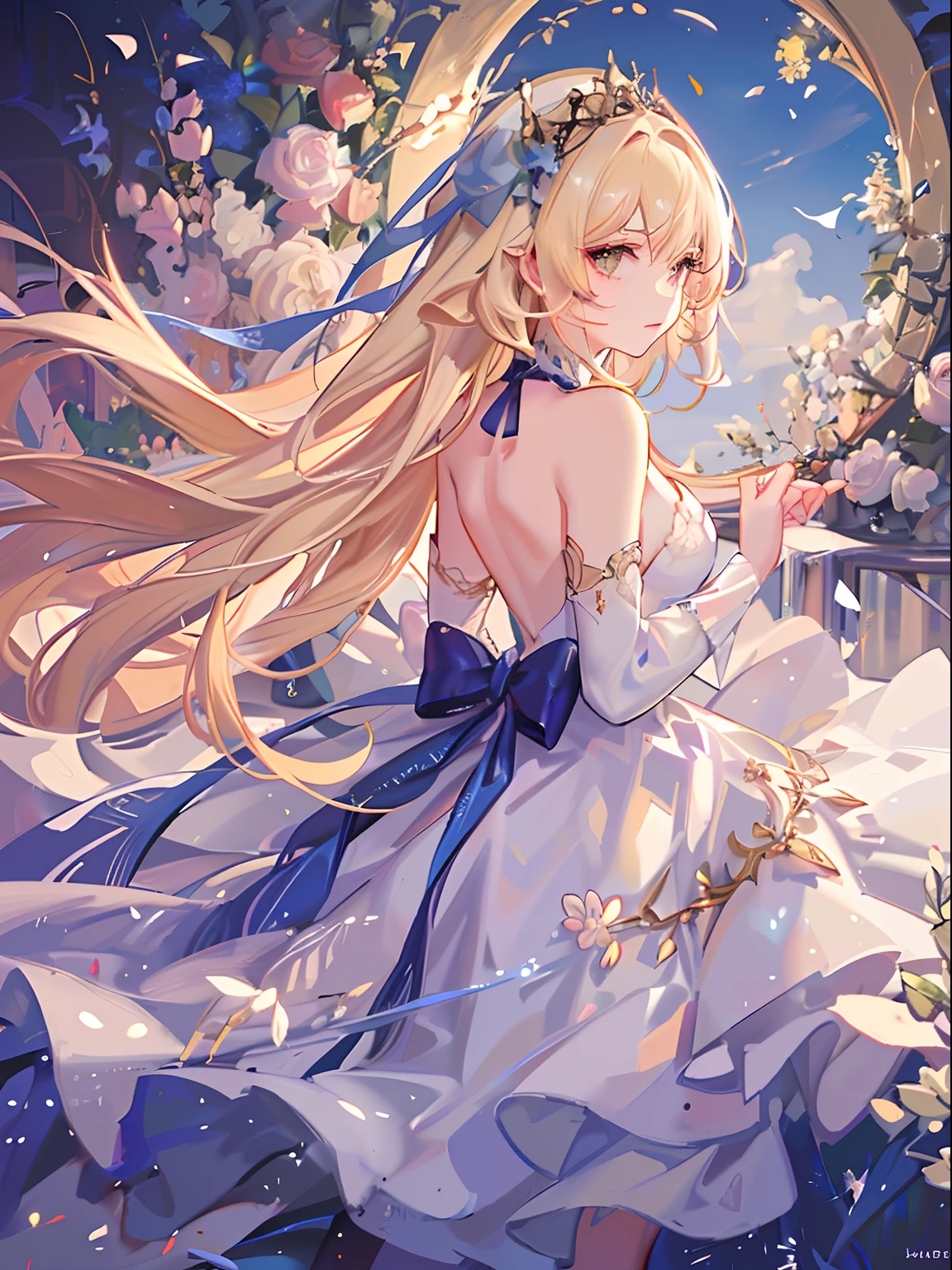 A blonde girl in a dress of pearls, her hair cascading down her back, a halo of light around her head, and a transparent fabric dress that shimmers in the light.