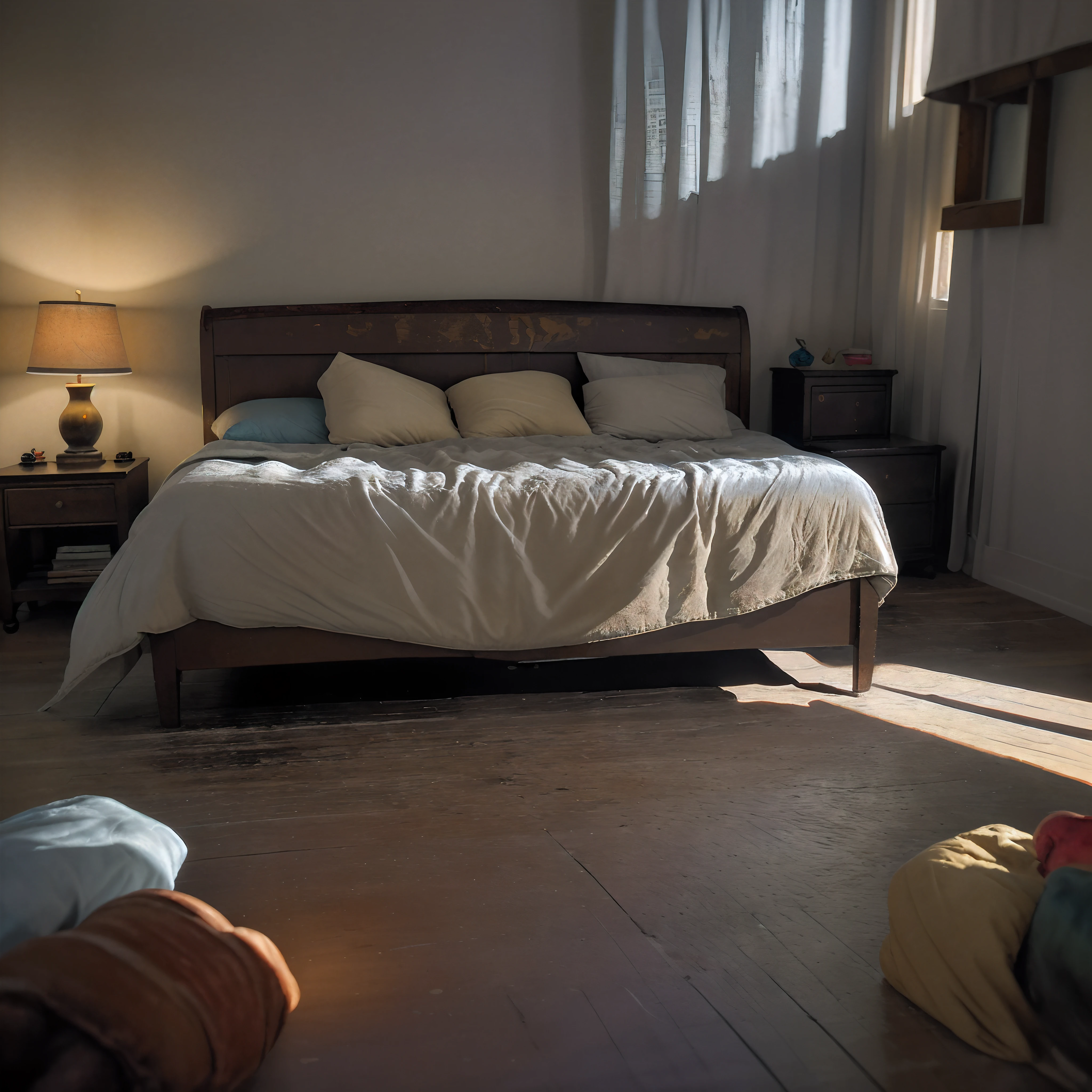 (bedroom in the middle of the street at night),oil painting,reflections of city lights,glowing moonlight,strewn toys on the floor,soft and cozy bed,crisp white sheets,antique wooden furniture,curtains gently swaying in the breeze,vintage street lamps casting warm golden light,shadows stretching across the walls,urban landscape visible through the open windows,peaceful and surreal atmosphere,impressionistic brushstrokes,rich and vibrant colors,subtle chiaroscuro lighting