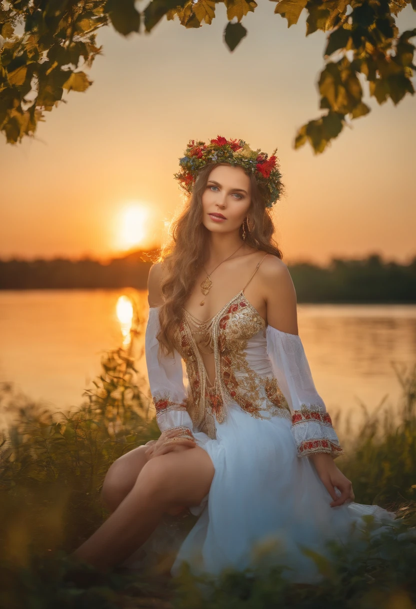 20-year-old woman in Ukrainian costume Corolla wreath with garland on her head Blue eyes River and blue sky in the background Afternoon sun and sunset realistically exposed breasts without bra and panties pouting ass