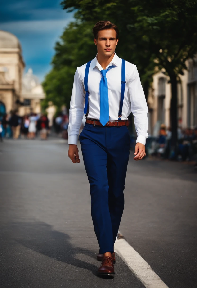Create an image from a prompt "a handsome male student wearing a white long- sleeved shirt, a blue tie, a belt, blue pants, and leather shoes walking behind a beautiful female student wearing a white blouse, a blue skirt, and black shoes with a distant background of people walking on a street"