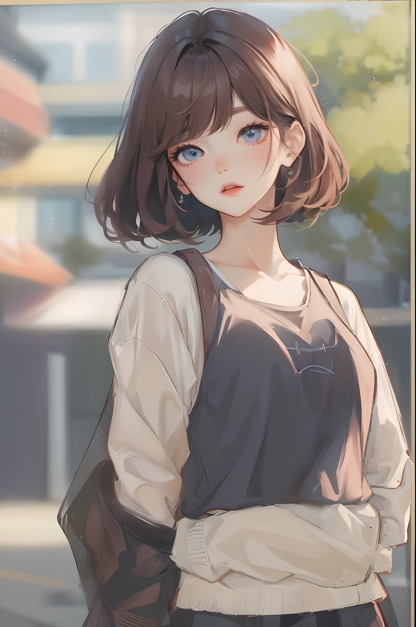 Absurdres, Masterpiece, Best quality, light colors, korean girl from webtoon with Beautiful face , beautiful short bob hair , a character from kdrama, anime eyes, semi casual clothes, masterpiece background, detailed background