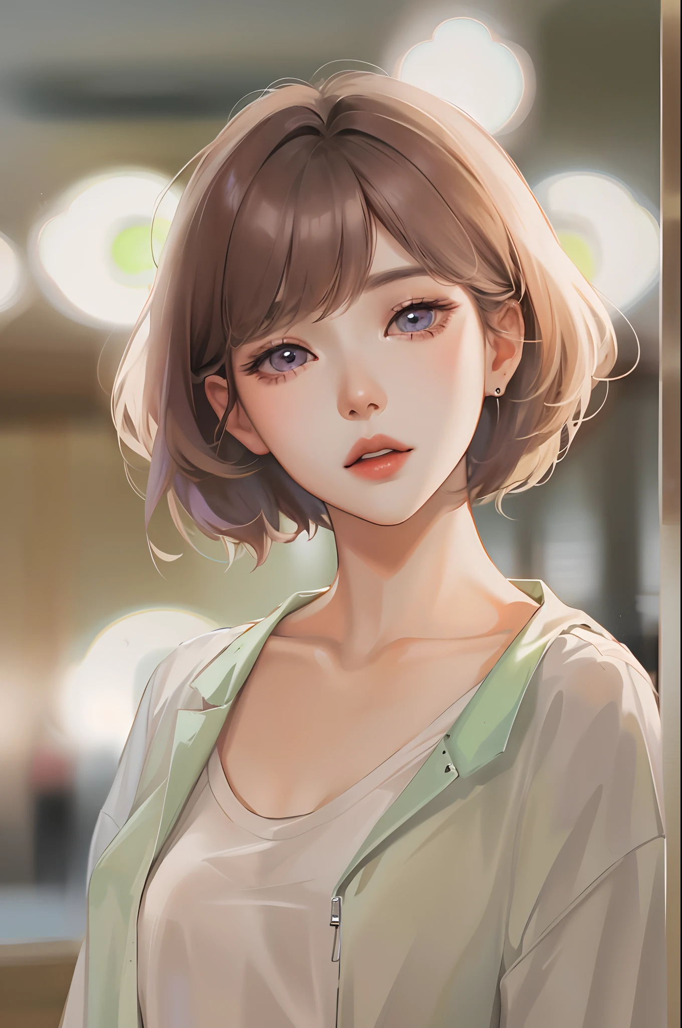 Absurdres, Masterpiece, Best quality, light colors, korean girl from webtoon with Beautiful face , beautiful short bob hair , a character from kdrama, anime eyes, semi casual clothes, masterpiece background, detailed background