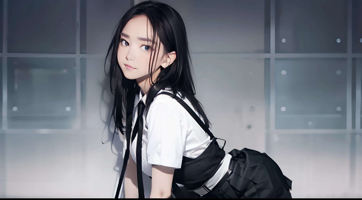 a black skirt, Neck tie, Cut the shirt　Suspenders, Long black hair, Gray eyes, Holster, leg-garter, , Big breasts, Pichi Pichi clothes, Both sides　deadpan　Behind
