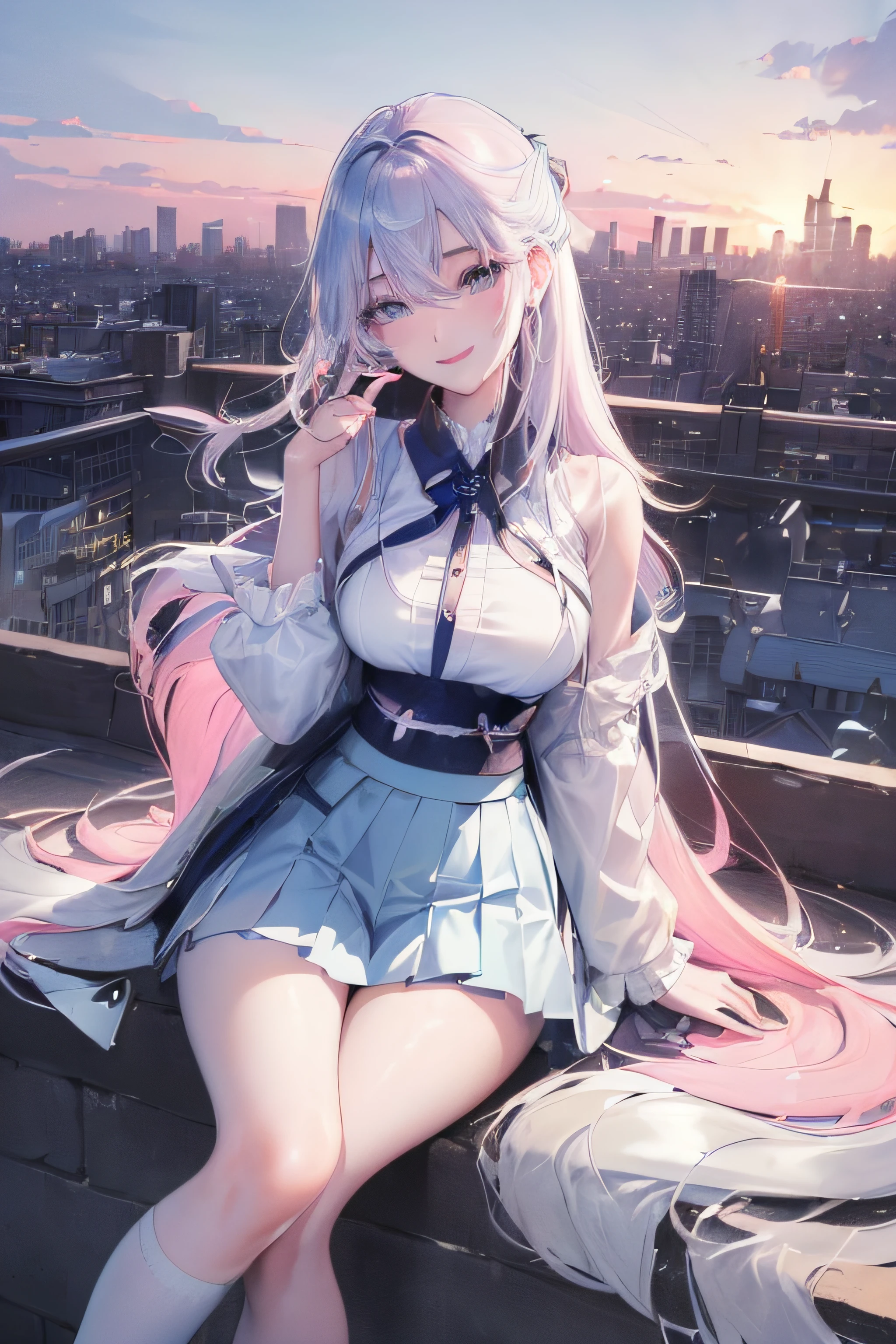 Masterpiece, Best quality, Night, stars, Cityscape, gaming console_CG, Real, Cityscape, Huge_filesize, Girl, Long hair, Pink hair, view the viewer, aqua eyes, Blue eyes, Small breasts, buruma, Black sports bra , Sailor dress, white thighhighs, Earrings, half gloves , ribbon_choker necklace, pendant, Spread legs, Crossed_Legs,
