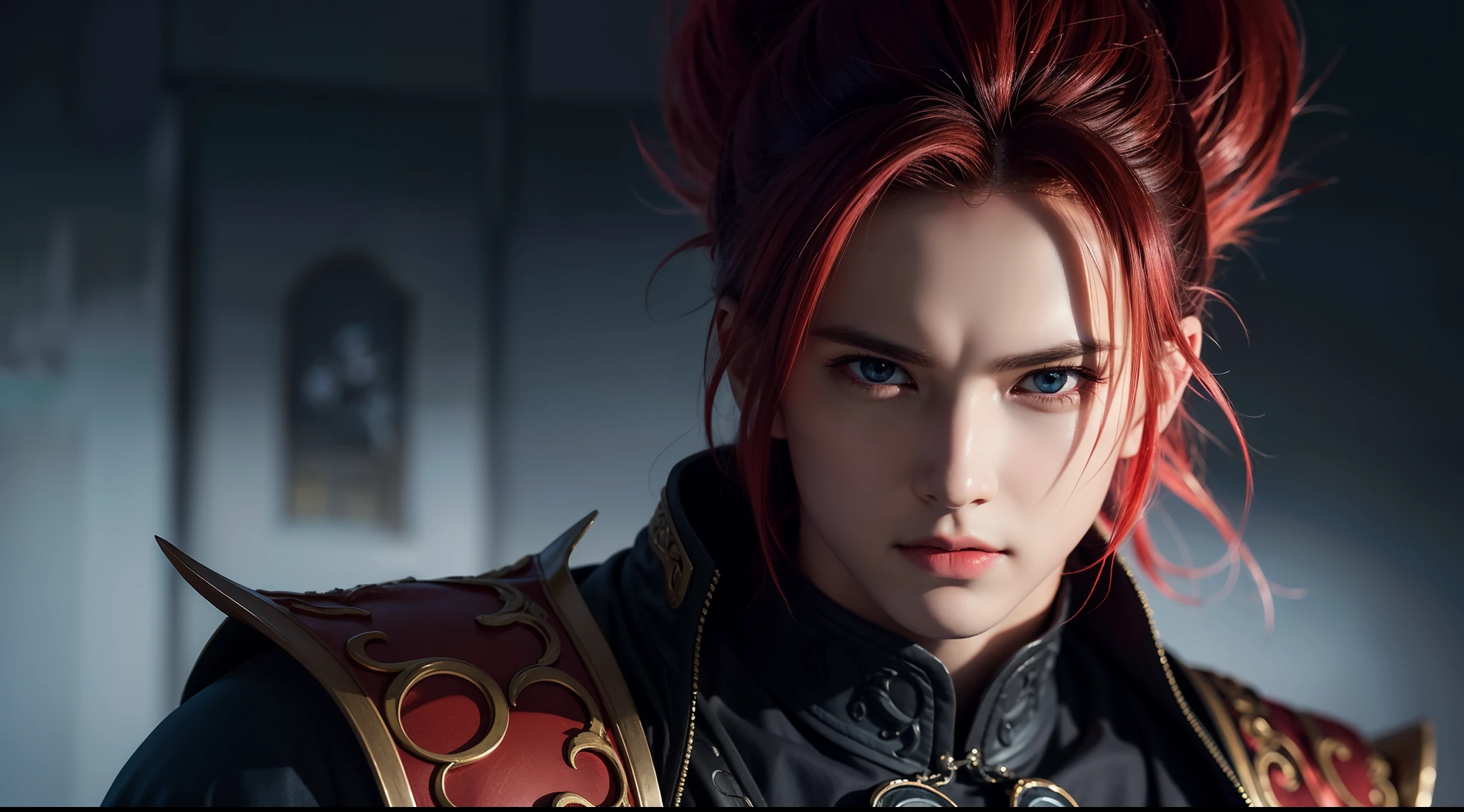 An 8k masterpiece, Highest resolution, Every detail, Meticulous details, Depth of field, bright colors, Nice layout: takes on a gorgeous Gohan anime character with brilliant red hair and beautifully detailed glowing eyes, standing on a dark and ominous background. This handsome demon slayer is the epitome of the bad guys in the fantasy art world.