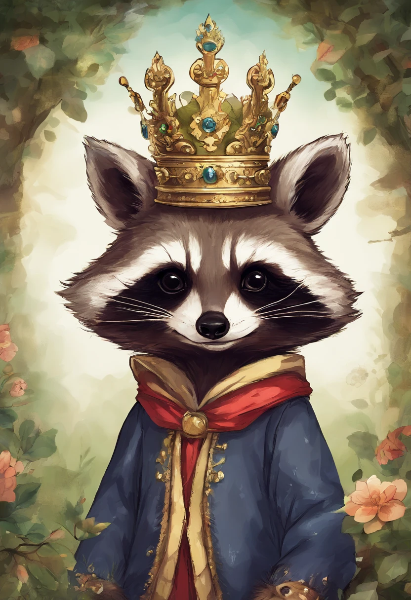 Raccoon crowned with a small crown、illstration、Anime style、cute little、