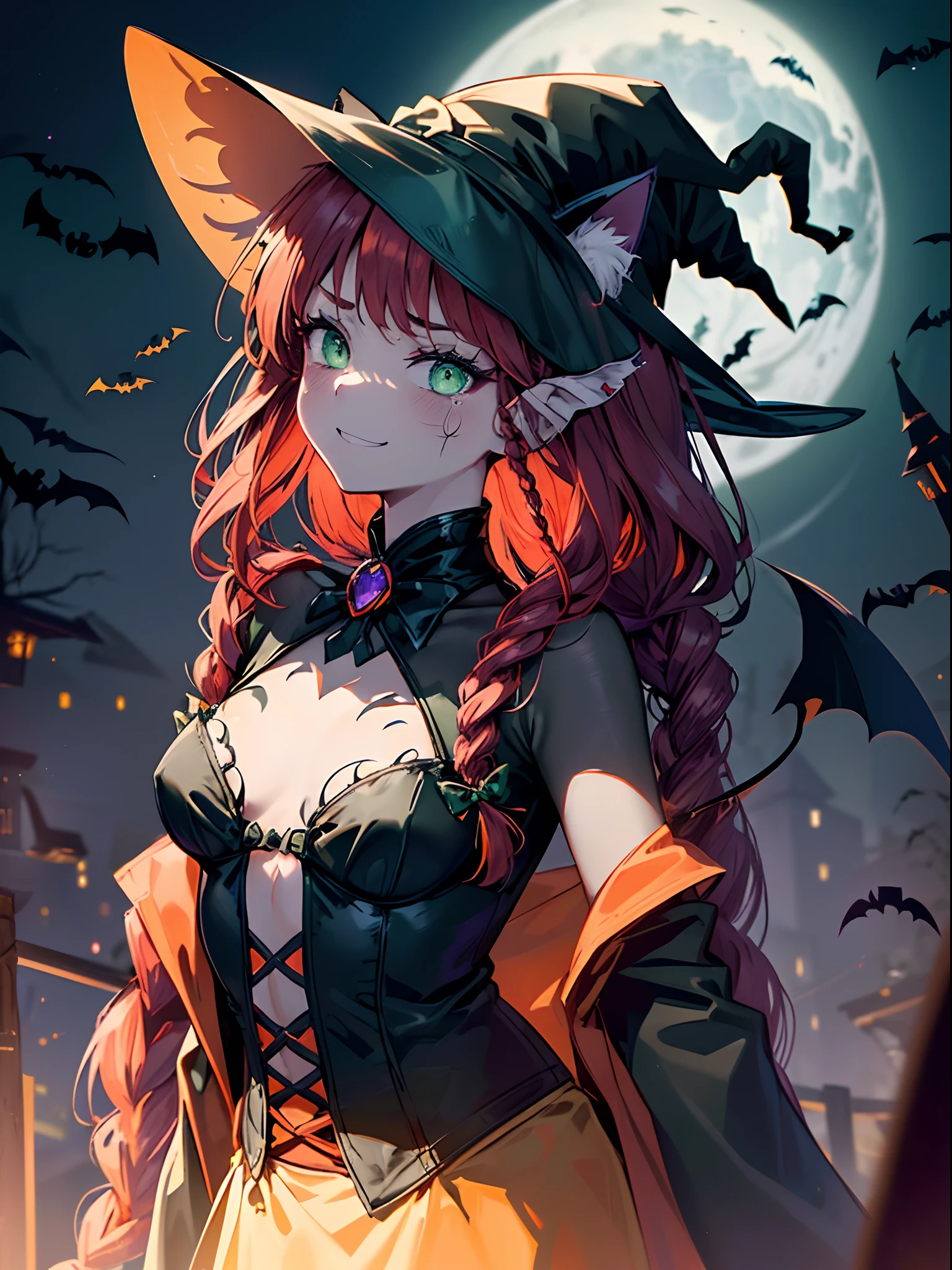 Halloween Party,sparklers,(Cat's ears,red braided hair:1.5),(Nymphomania and horror theme:1.4),(Detailed green eyes、Teary-eyed:1.4),Haunted house background,hiquality,(Very small breasts、extremely flat chest:1.5)、(Happy and big smile:1.4),Mystical boundaries,The scariest horror game、Bloods、,(Face Zoom:1.5),A detailed eye、highlight in eyes、(Upper body zoom:1.5)、Profile picture seen from the side、(Halloween Witch Costumes:1.3)