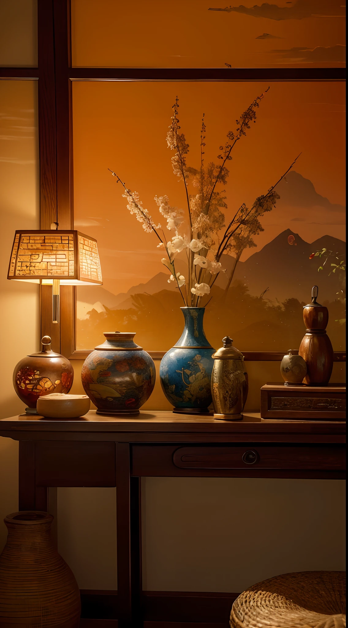 Ancient Chinese Office,Close-up Shot Shot,Arrange medical tools and utensils,Carved beams and paintings,Layered, Sunset lighting,A medicine jar containing medicinal herbs,impressionistic,tmasterpiece,ultra - detailed,Epic composition, HighestQuali,hyper realisitc,Art germ