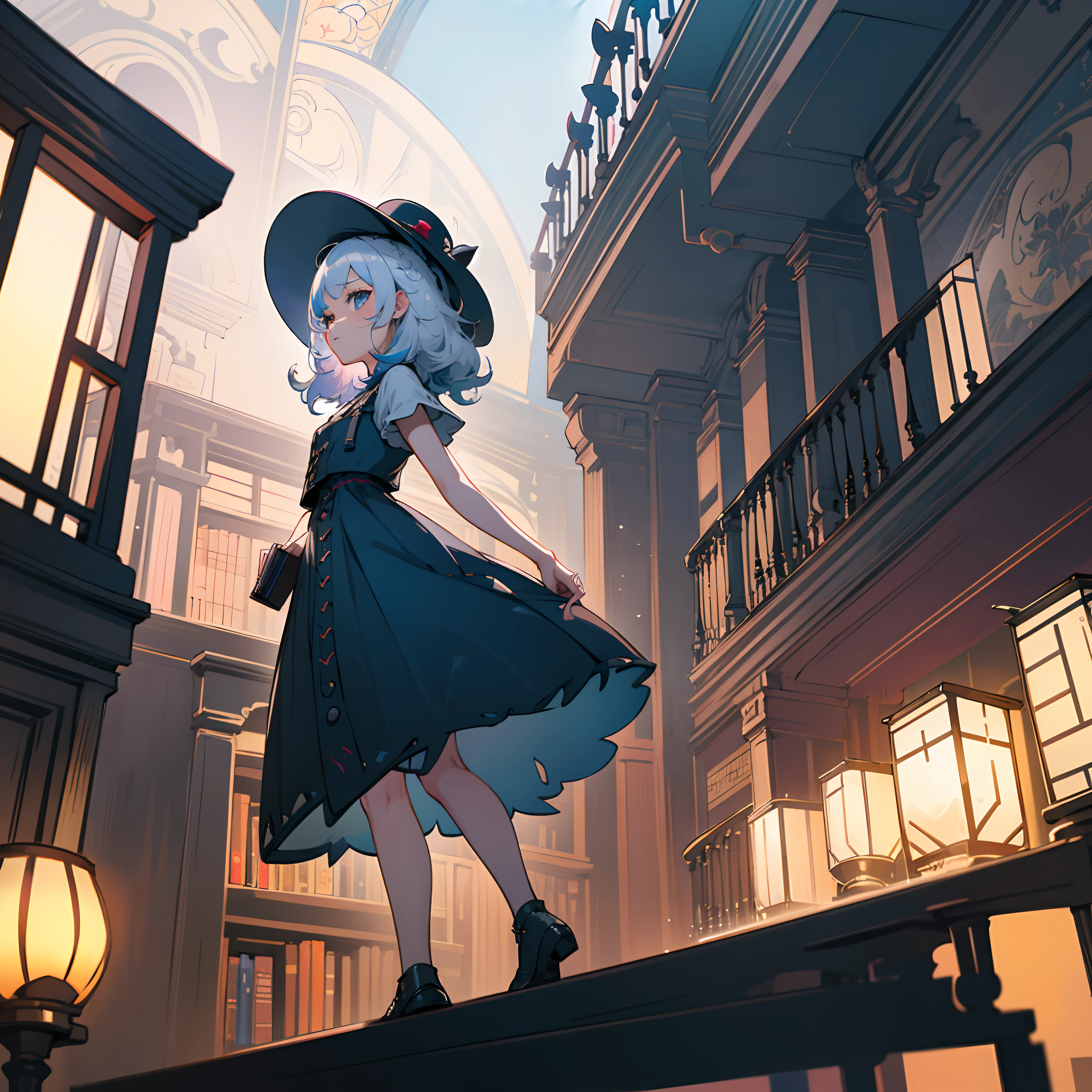Blue-white hair,black color dress,Gothic,Black wide-brimmed hat,bookshelves,butterflys,Lanterns,loft,Wallpapers,curlies,bit girl