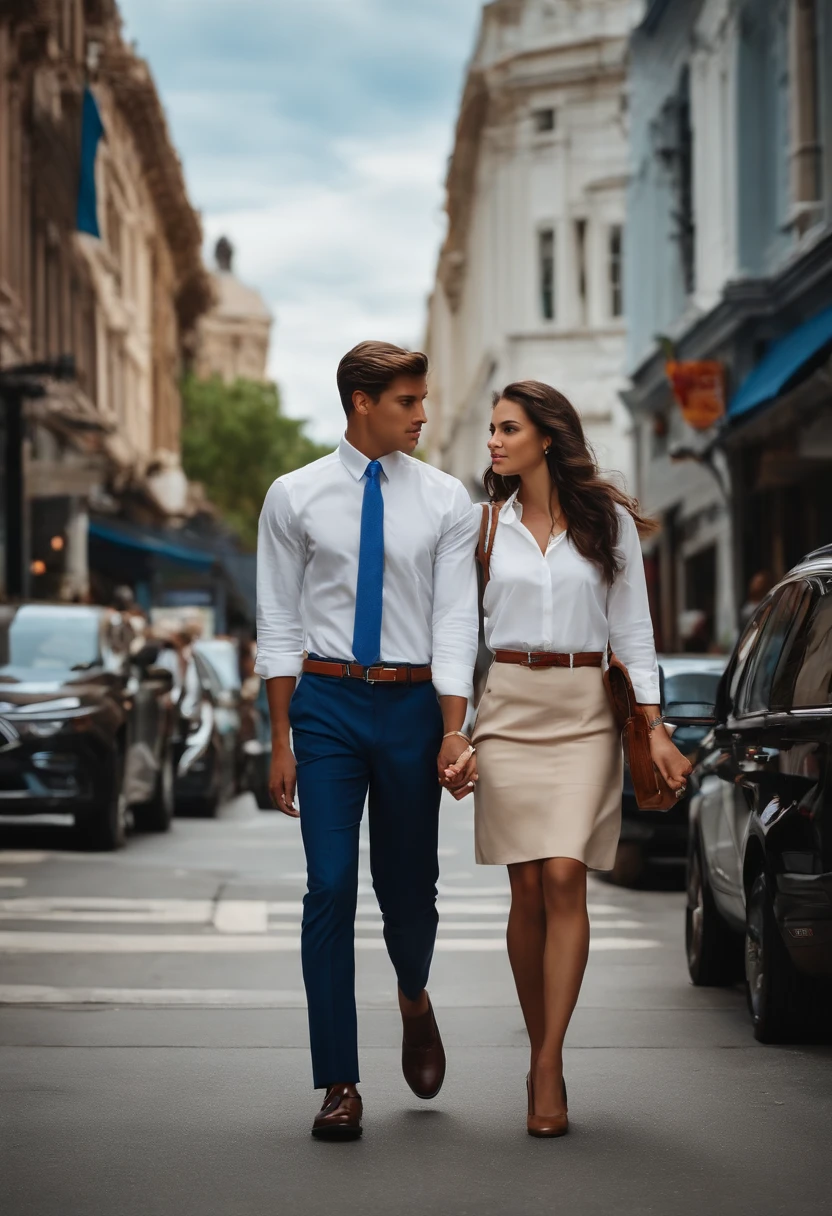 Create an image from a prompt "a handsome male student wearing a white long- sleeved shirt, a blue tie, a belt, blue pants, and leather shoes walking behind a beautiful female student wearing a white blouse, a blue skirt, and black shoes with a distant background of people walking on a street"