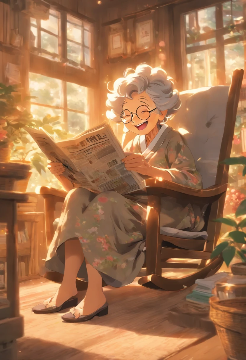 Grandma is sitting in a rocking chair reading a newspaper,happily laughing,Scenes of happiness in the later years