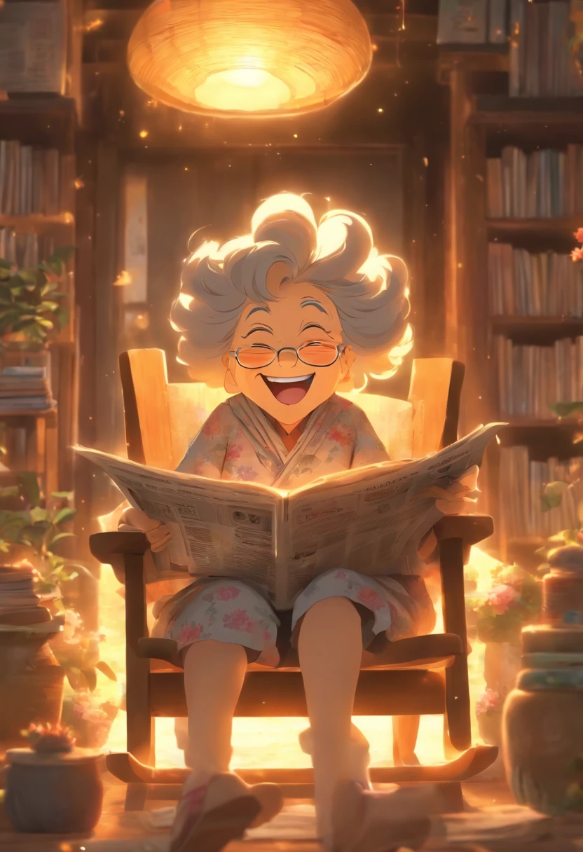 Grandma is sitting in a rocking chair reading a newspaper,happily laughing,Scenes of happiness in the later years