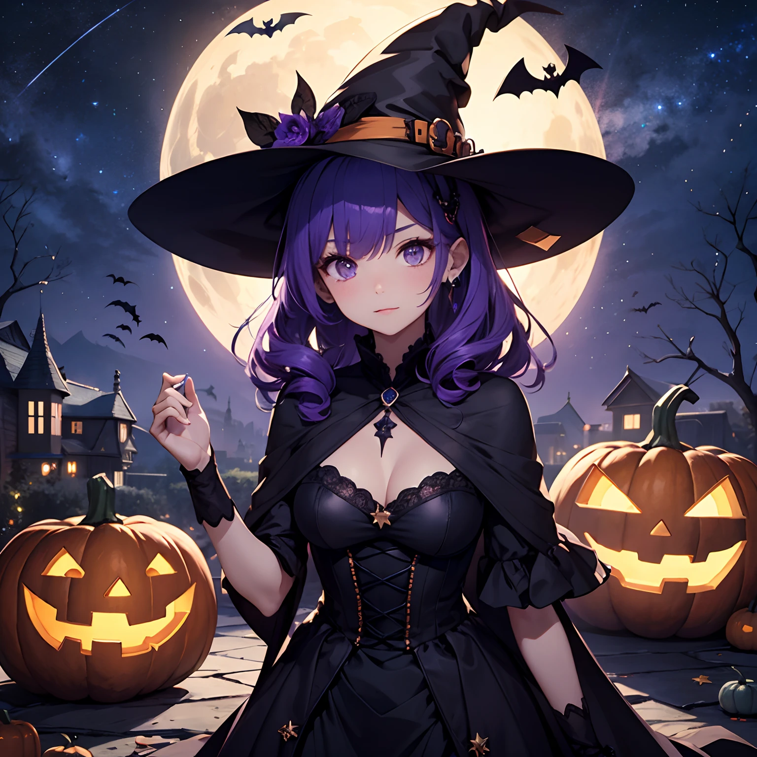 Halloween、Pumpkin Witch、the witch、Naughty look、sky at night、Lots of stars、Purple-blue hair color、Semi-long length、Sidetail hairstyle、Mysterious light effect