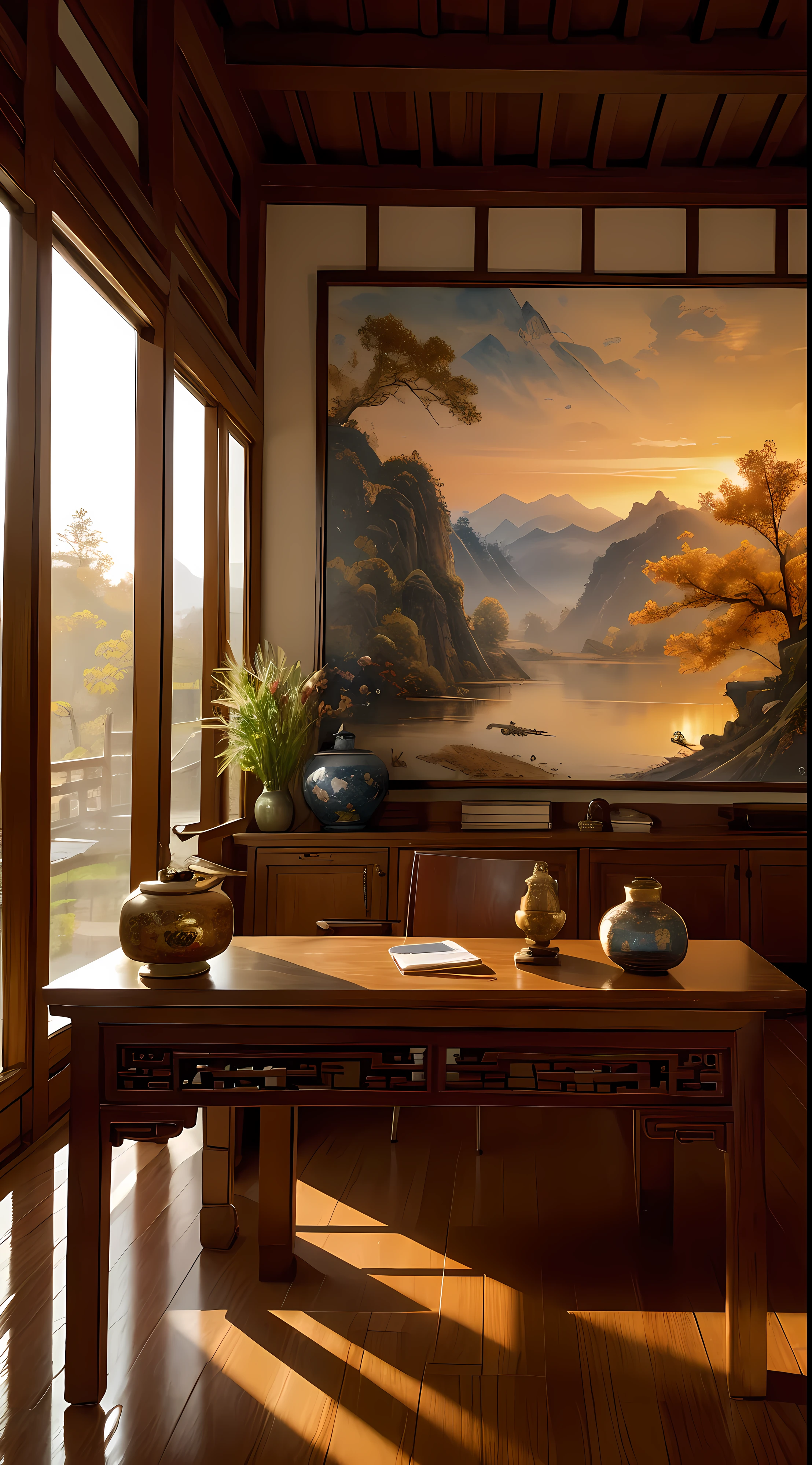 Ancient Chinese Office，Close-up Shot Shot，Arrange medical tools and utensils，Carved beams and paintings，Layered, Sunset lighting，A medicine jar containing medicinal herbs，impressionistic，tmasterpiece，ultra - detailed，Epic composition, HighestQuali，hyper realisitc，Art germ